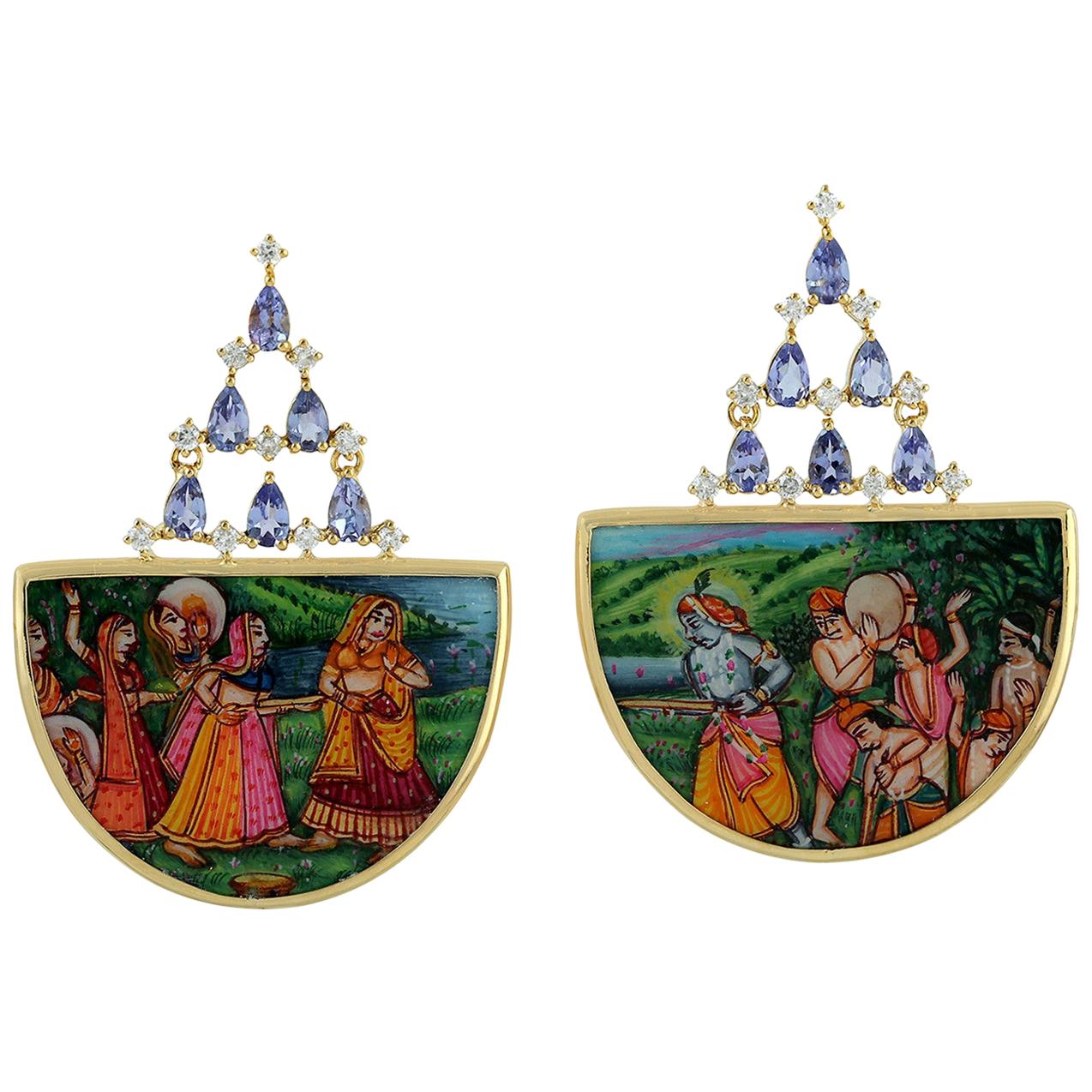 Enamel Mother of Pearl Tanzanite 18 Karat Gold Diamond Earrings For Sale