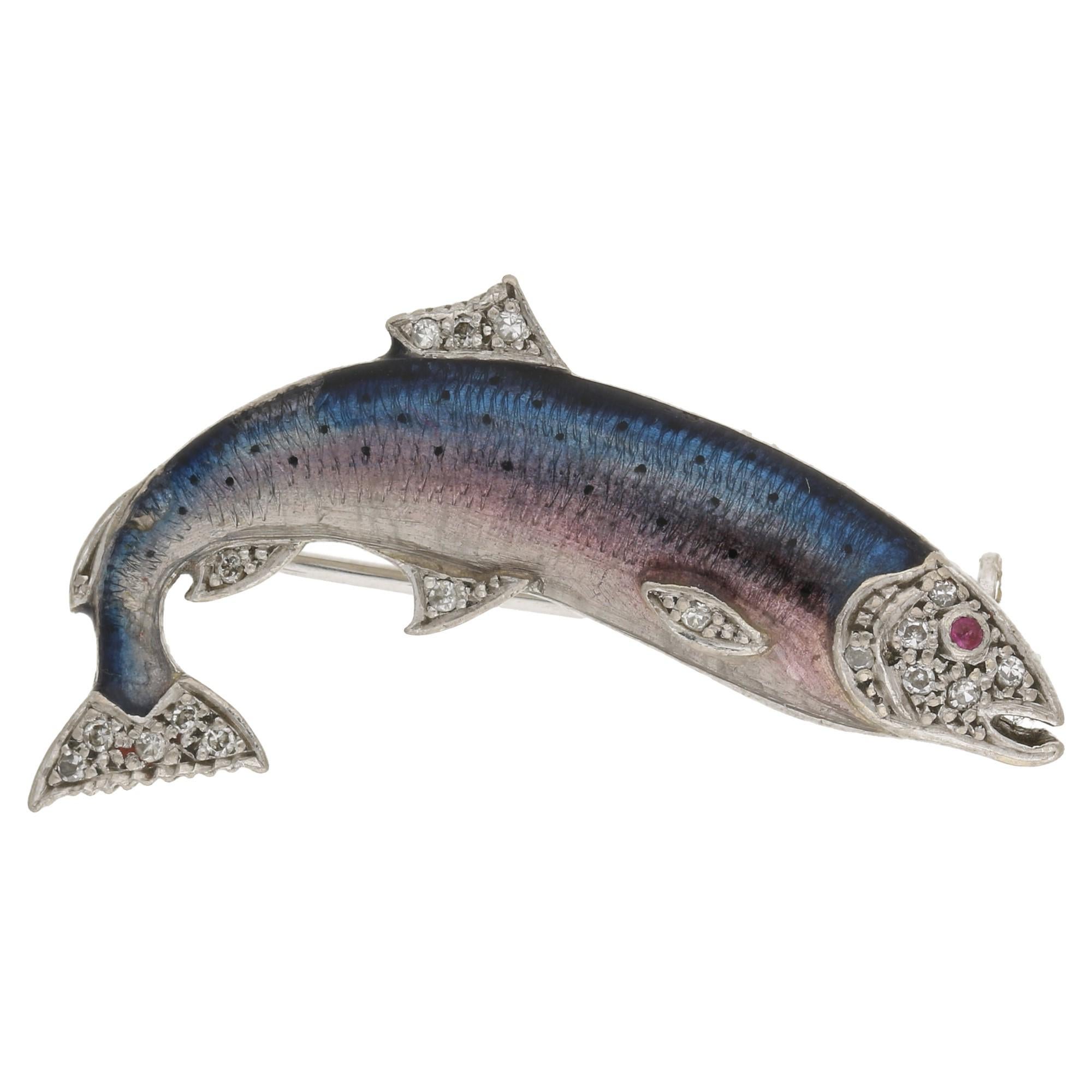 18 Karat Gold Enamel Salmon Brooch