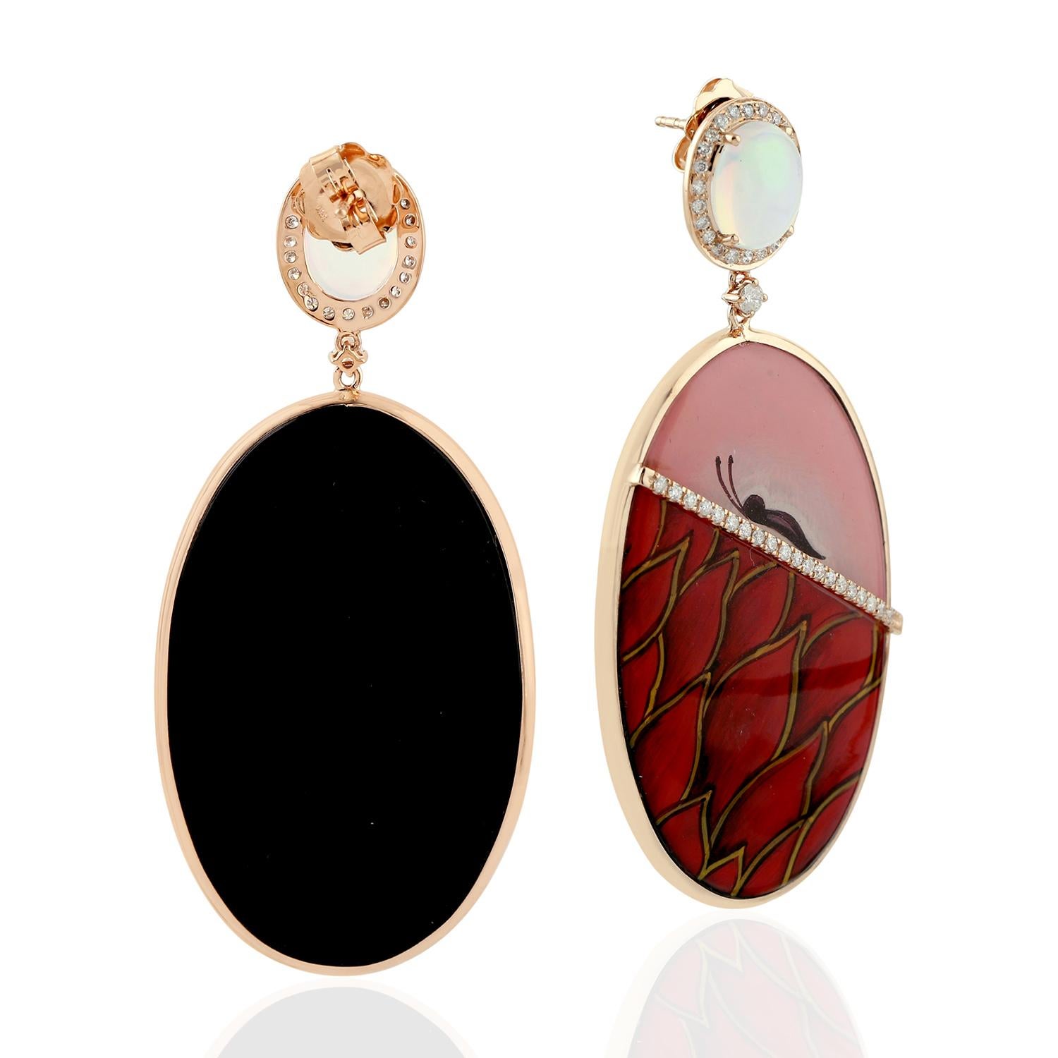 Artisan Enamel Opal Diamond 18 Karat Gold Earrings For Sale