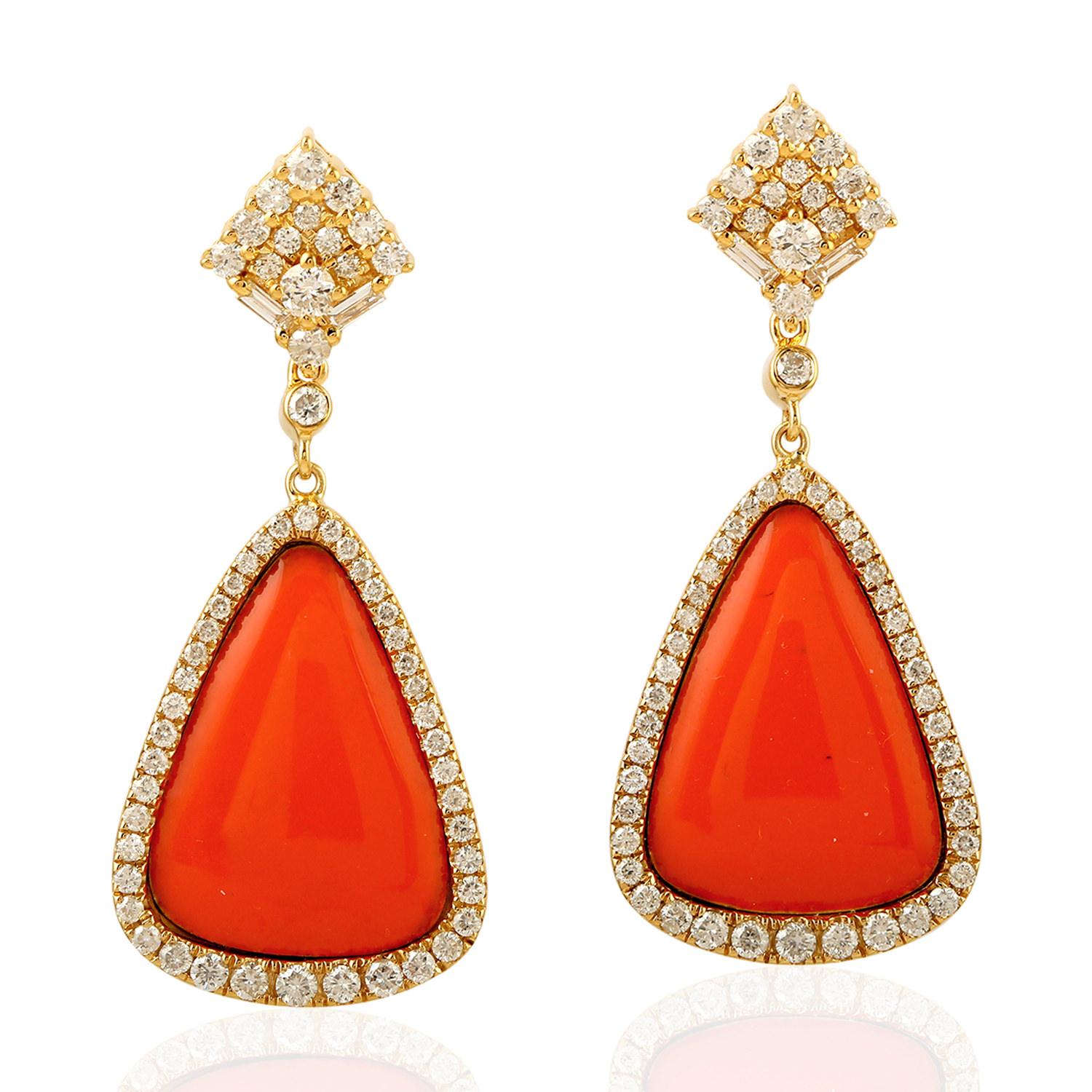 Artisan Enamel Sunset Diamond 18 Karat Gold Orange Earrings For Sale