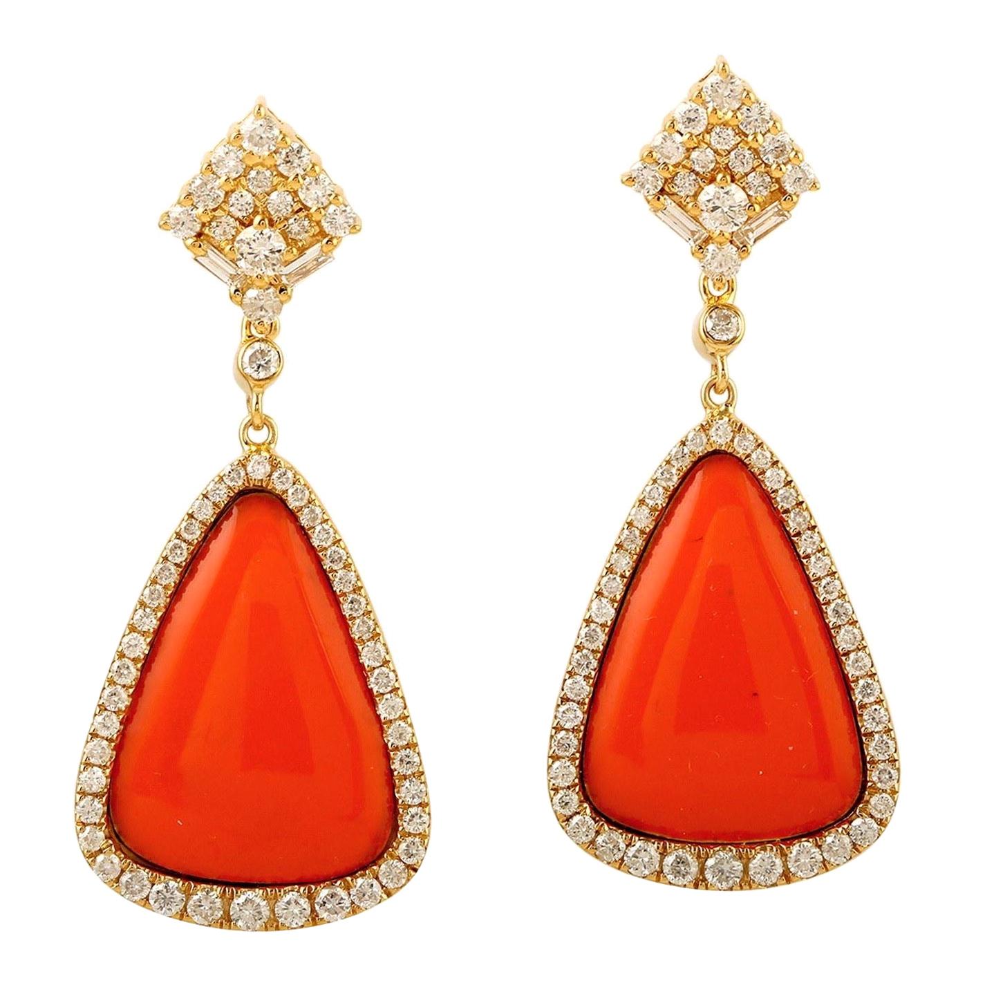 Enamel Sunset Diamond 18 Karat Gold Orange Earrings