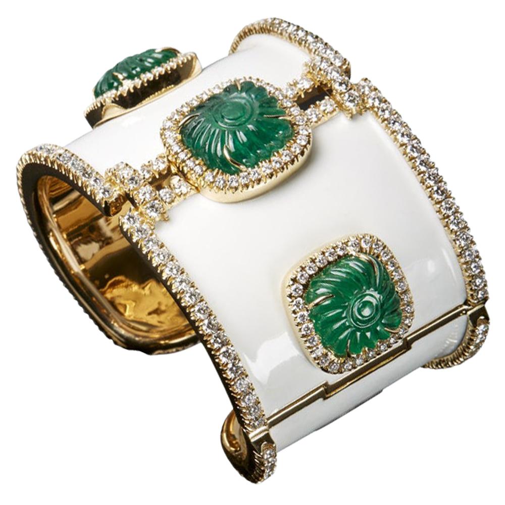 Veschetti 18 Karat Gold, Enamel, Zambian Carved Emerald and Diamond Cuff For Sale