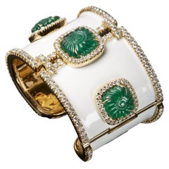 Veschetti 18 Karat Gold, Enamel, Zambian Carved Emerald and Diamond Cuff