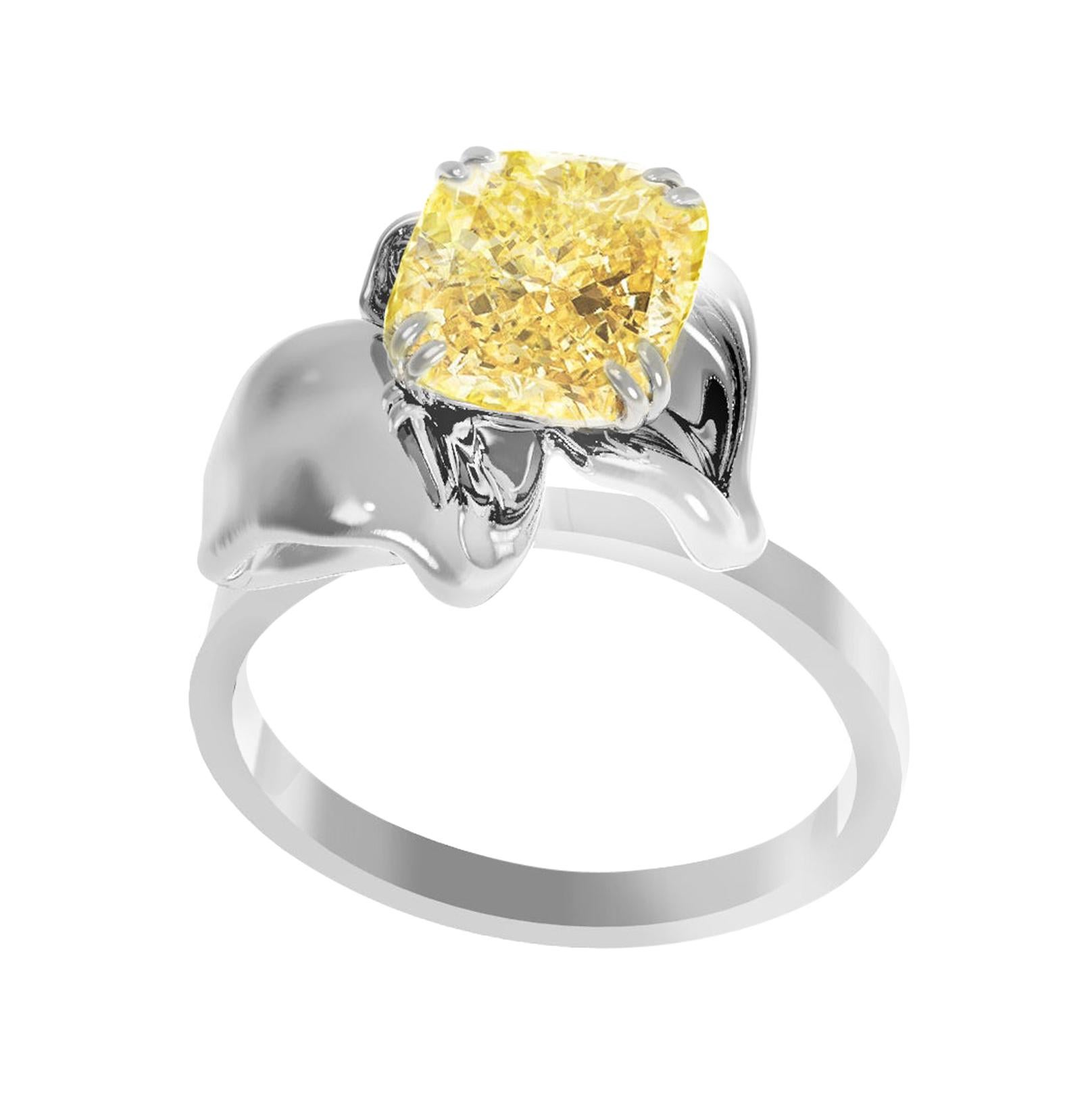 This Flower engagement ring is crafted from 18 karat white gold and features a GIA certified crushed ice cushion cut fancy light yellow diamond. The ring boasts exceptional craftsmanship, including precision work by expert jewelers, and a unique