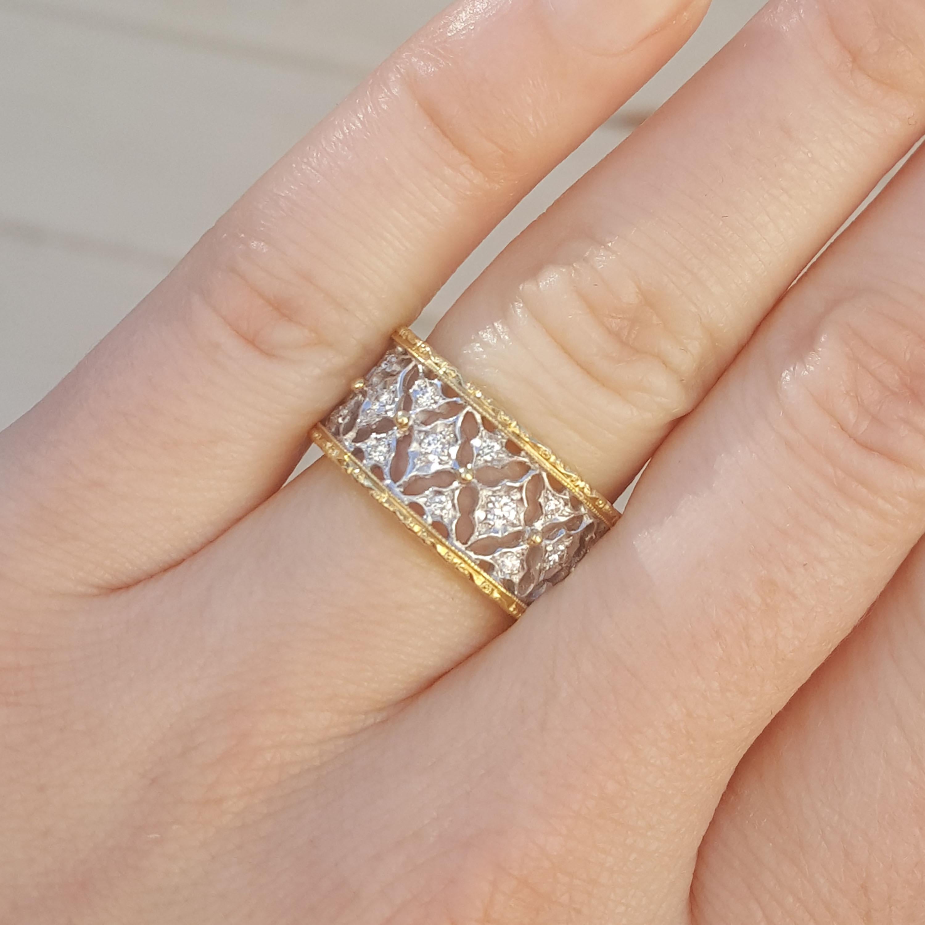 The Harlequin Band balances a high impact size and scale with a delicate approach. The casual elegance is certain to become a favorite look in your collection. The hand-fabricated and hand-engraved 18kt band sparkles with excellent quality