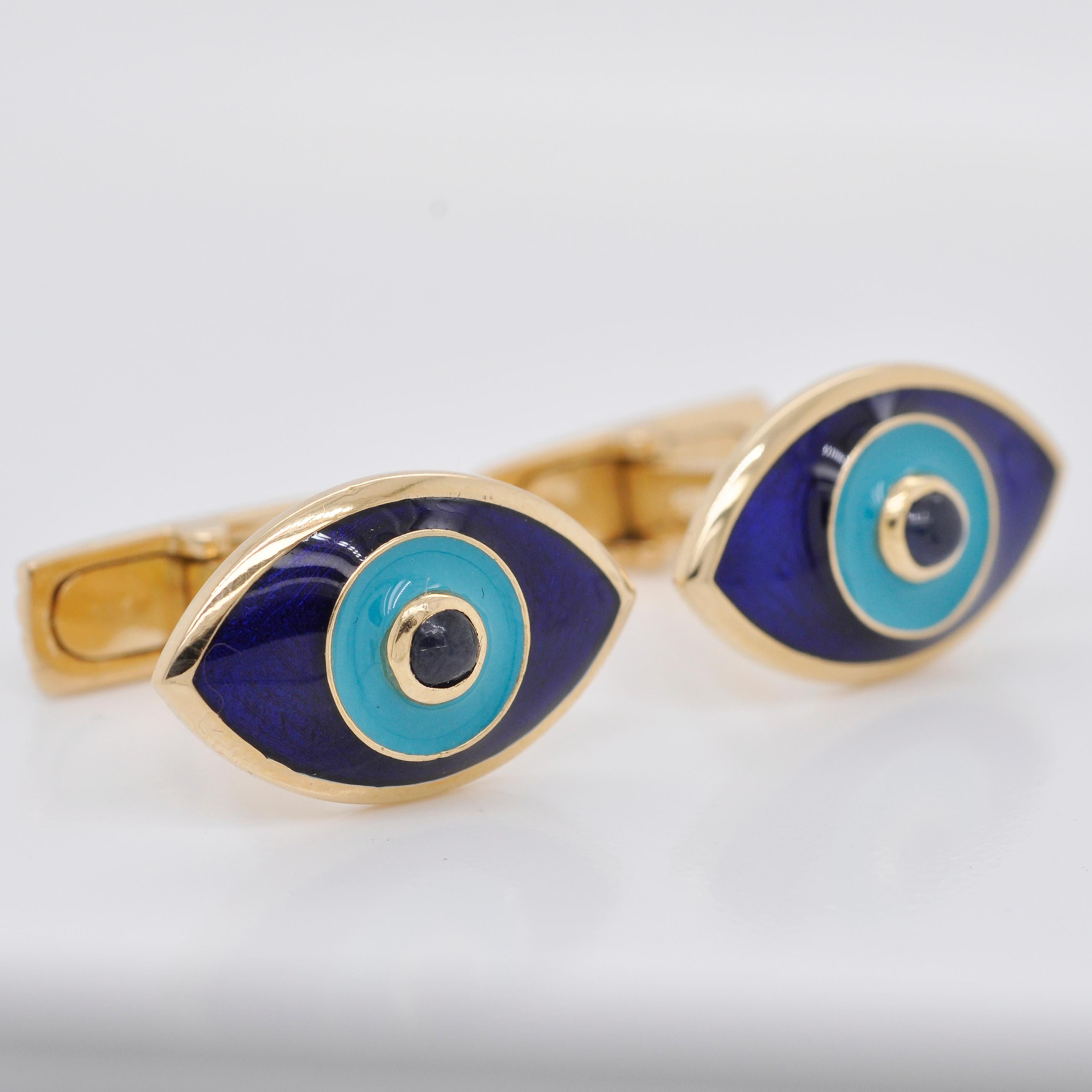 18 Karat Gold Evil Eye Enamel Blue Sapphire Cufflinks For Sale 1