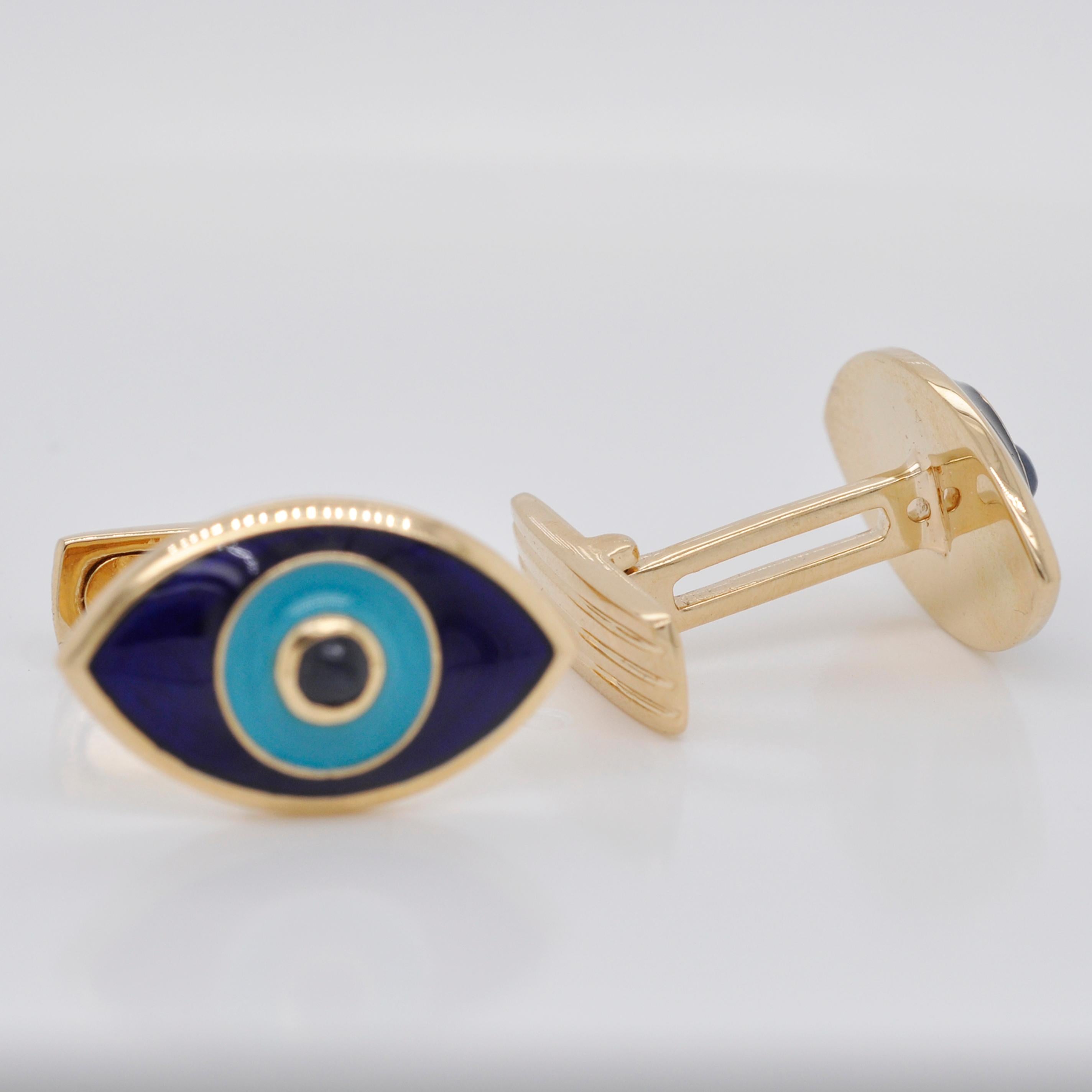 18 Karat Gold Evil Eye Enamel Blue Sapphire Cufflinks For Sale 4