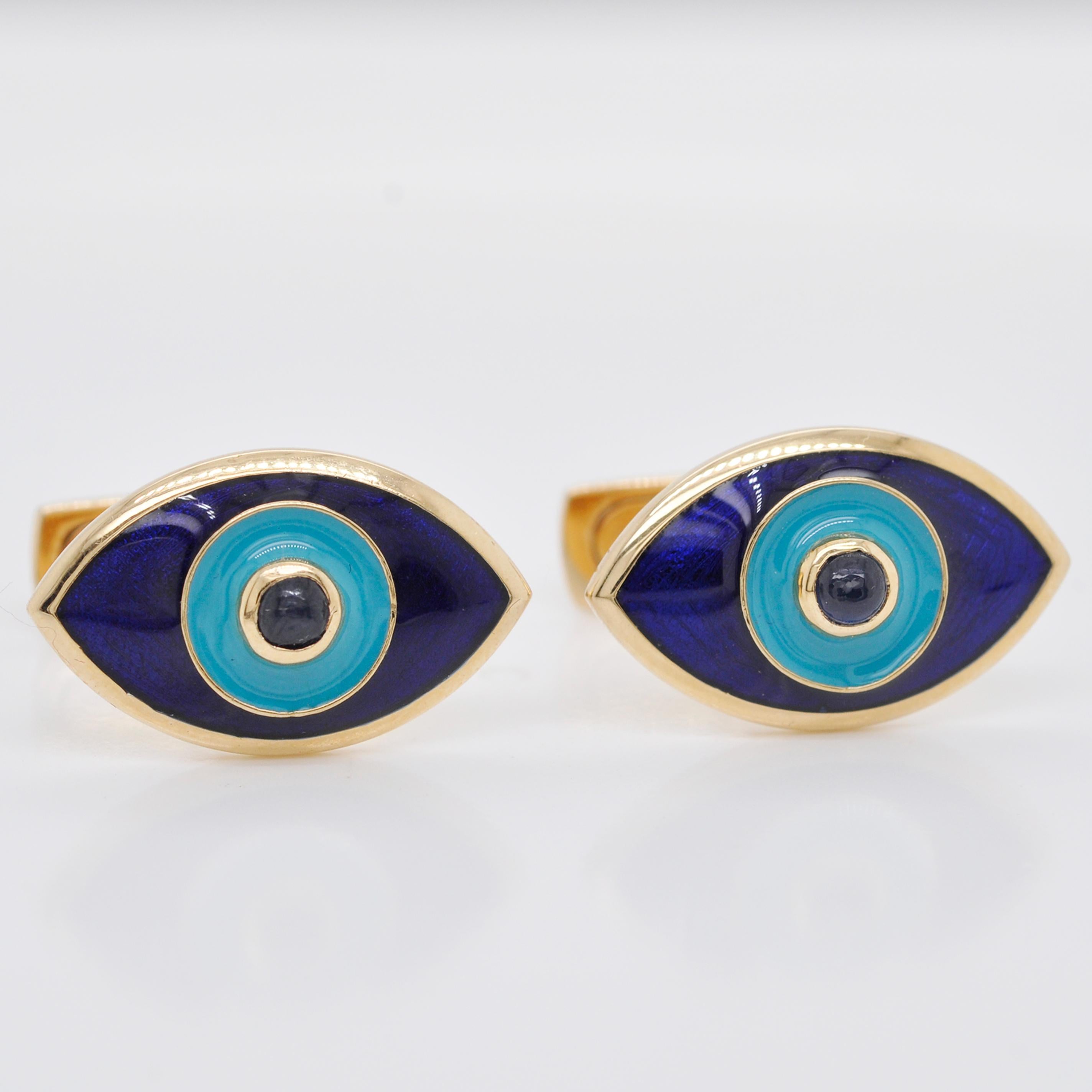 18 Karat Gold Evil Eye Enamel Blue Sapphire Cufflinks For Sale 7