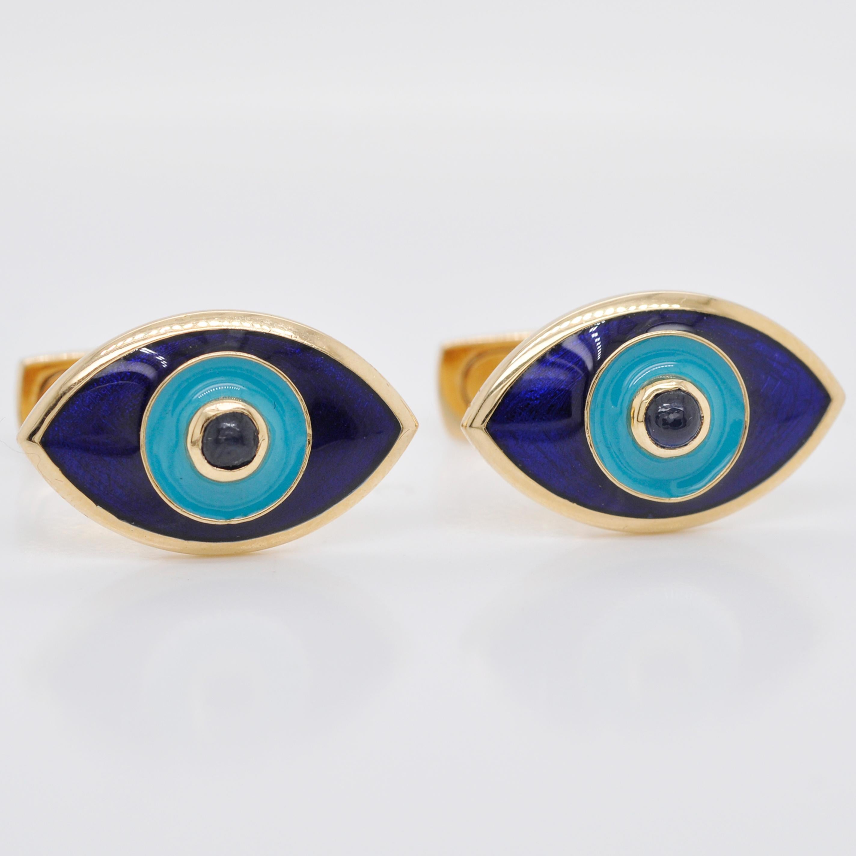 Boutons de manchette Evil Eye en or 18 carats avec émail et saphirs bleus en vente 11