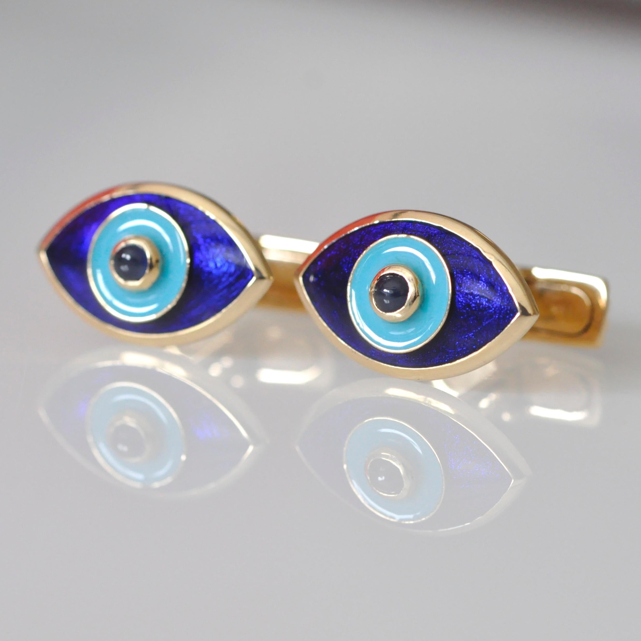 Boutons de manchette Evil Eye en or 18 carats avec émail et saphirs bleus en vente 12