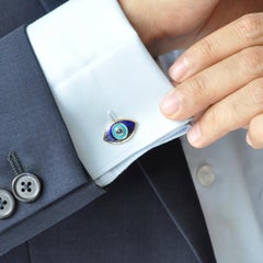 18 Karat Gold Evil Eye Turquoise Blue Enamel Blue Sapphire Cufflinks