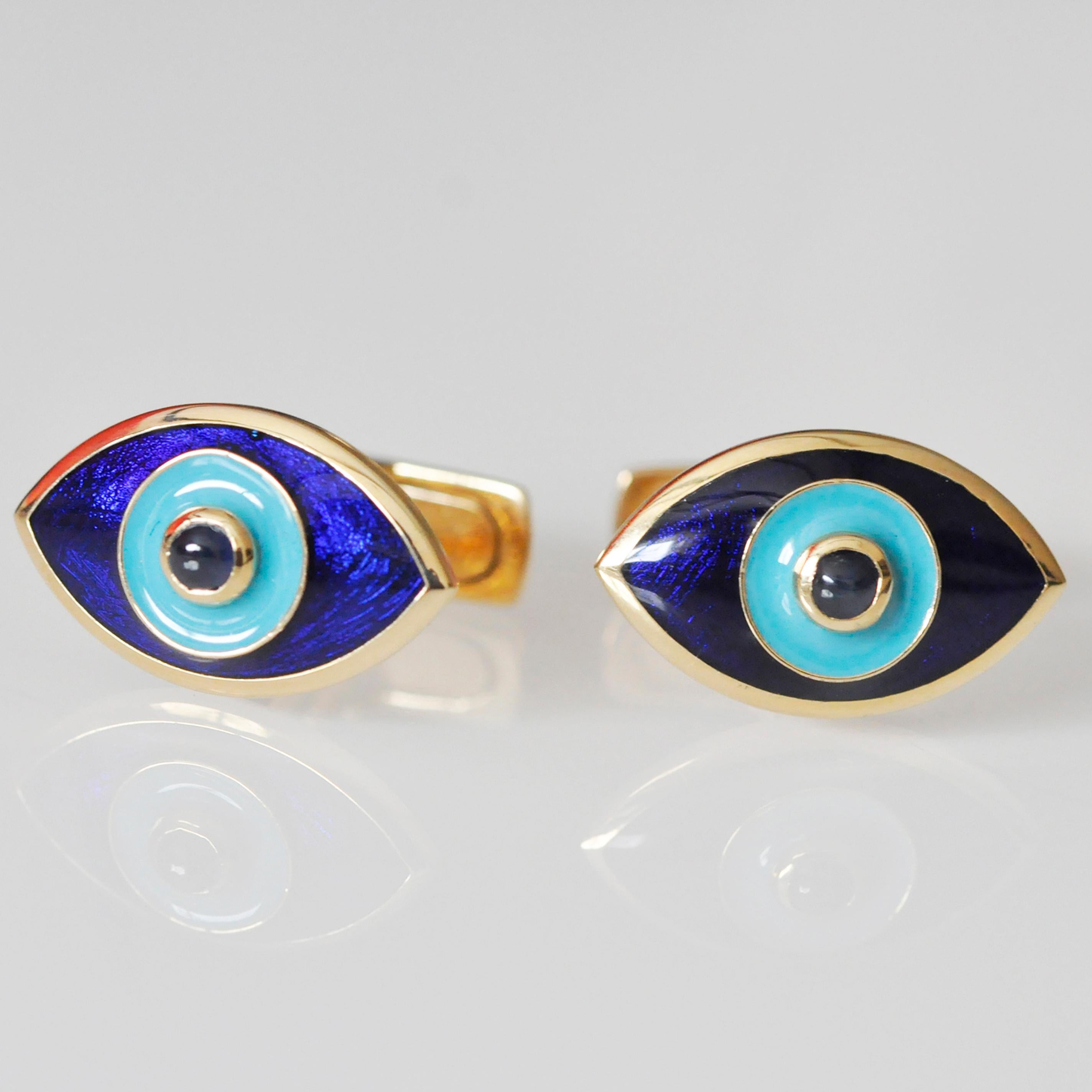 Contemporary 18 Karat Gold Evil Eye Enamel Blue Sapphire Cufflinks For Sale