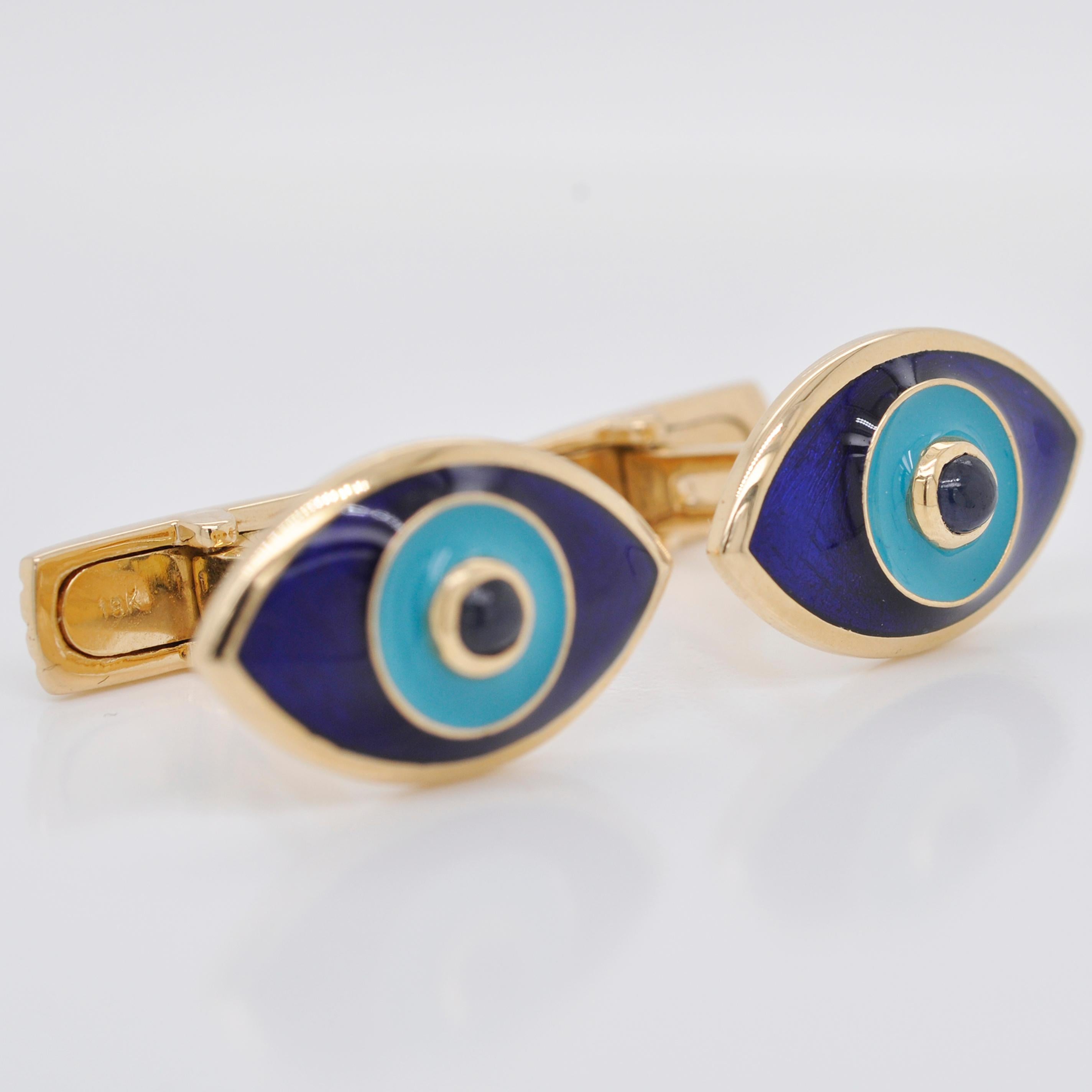 Men's 18 Karat Gold Evil Eye Enamel Blue Sapphire Cufflinks For Sale