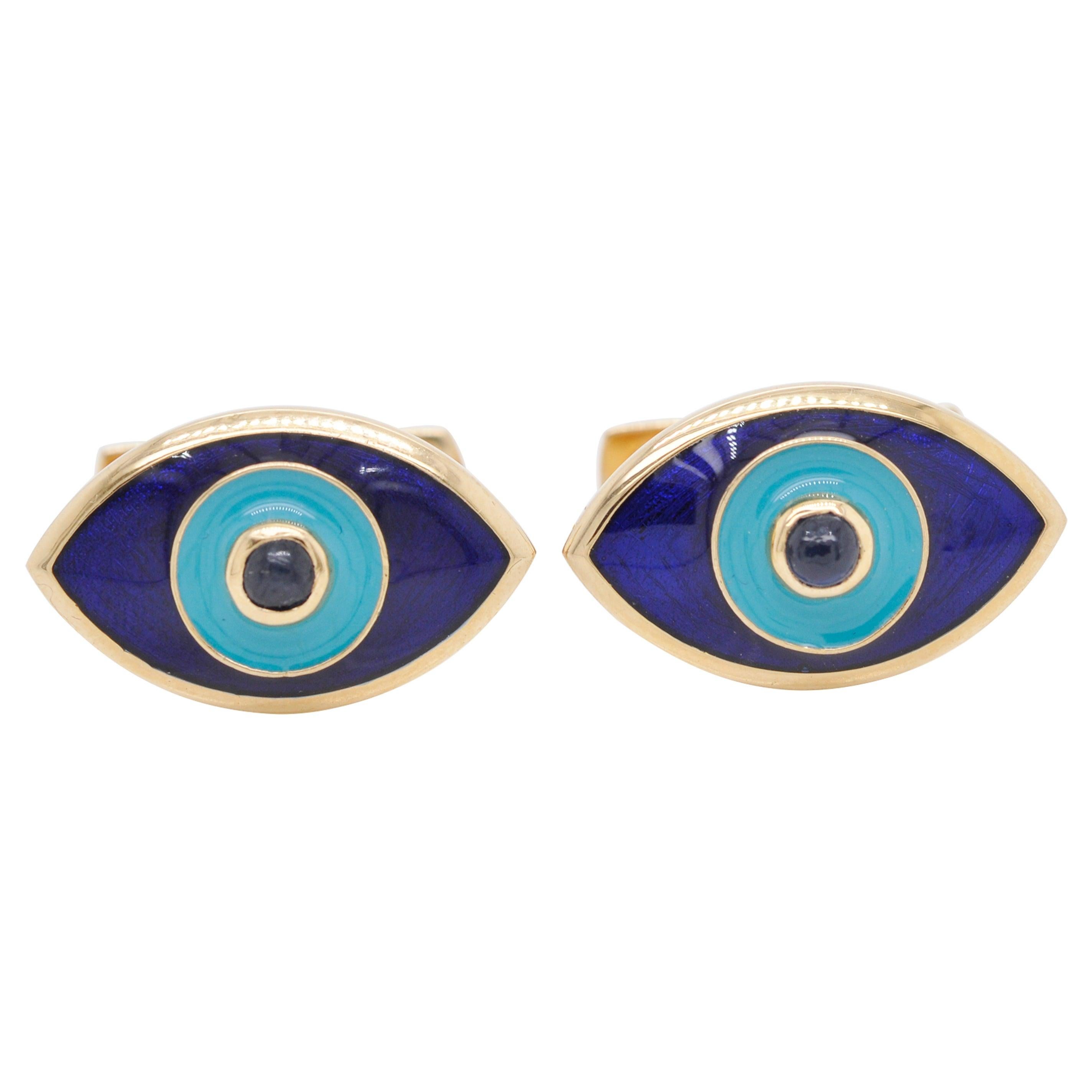 Boutons de manchette Evil Eye en or 18 carats, turquoise, émail bleu et saphir bleu