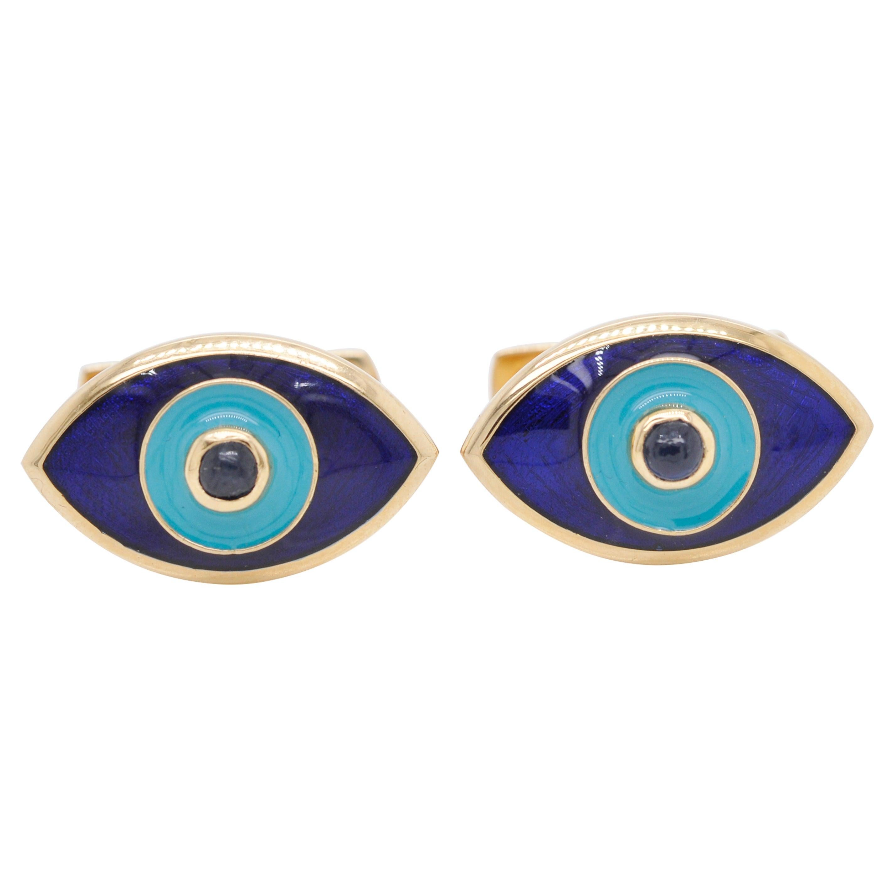 18 Karat Gold Evil Eye Enamel Blue Sapphire Cufflinks For Sale