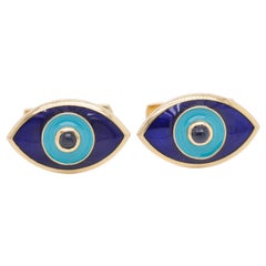 18 Karat Gold Evil Eye Enamel Blue Sapphire Cufflinks