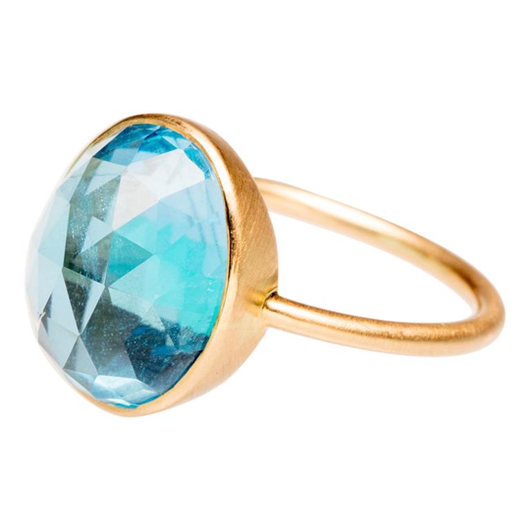18 Karat Gold Faceted and Domed Blue Topaz Ring