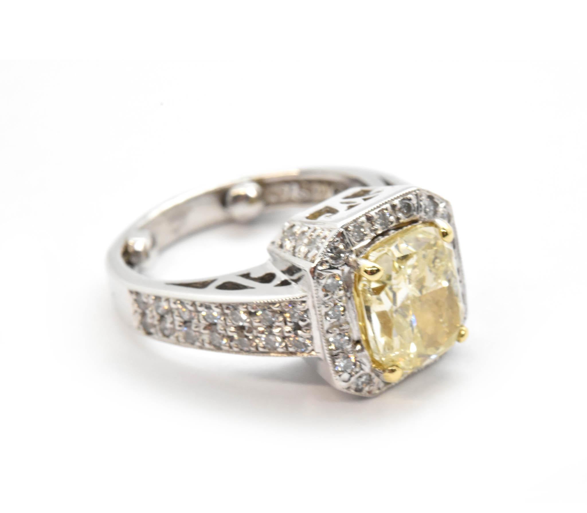 18 Karat Gold Fancy Light Yellow 2.14 Carat Cushion Cut Diamond Engagement Ring In Excellent Condition In Scottsdale, AZ