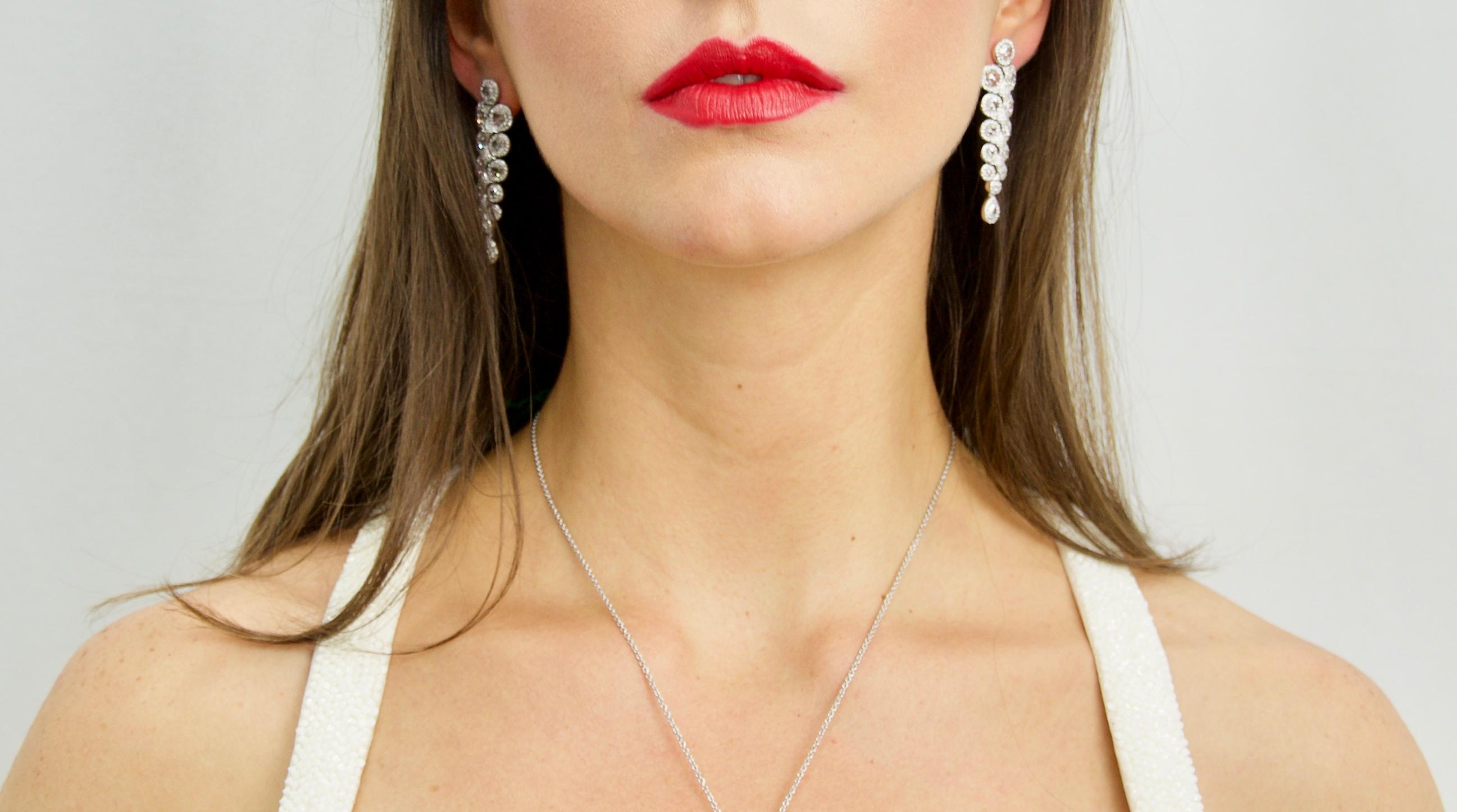 Contemporary Rarever 18 Karat White Gold Pear Shape Rose Cut Diamond Drop Earrings For Sale