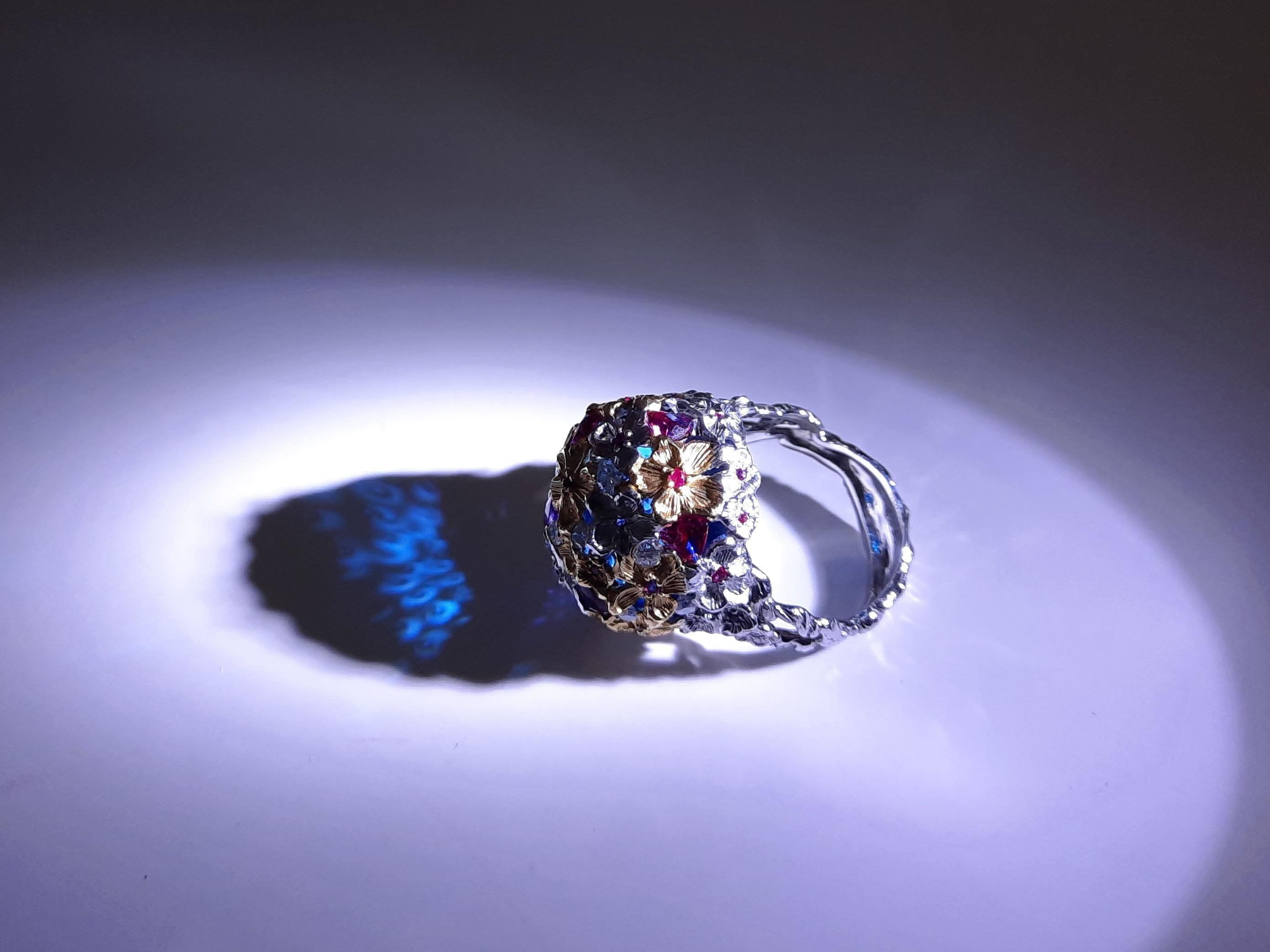 Round Cut 18 Karat Gold Fancy Sapphire Handmade Cocktail Ring by MOISEIKIN For Sale