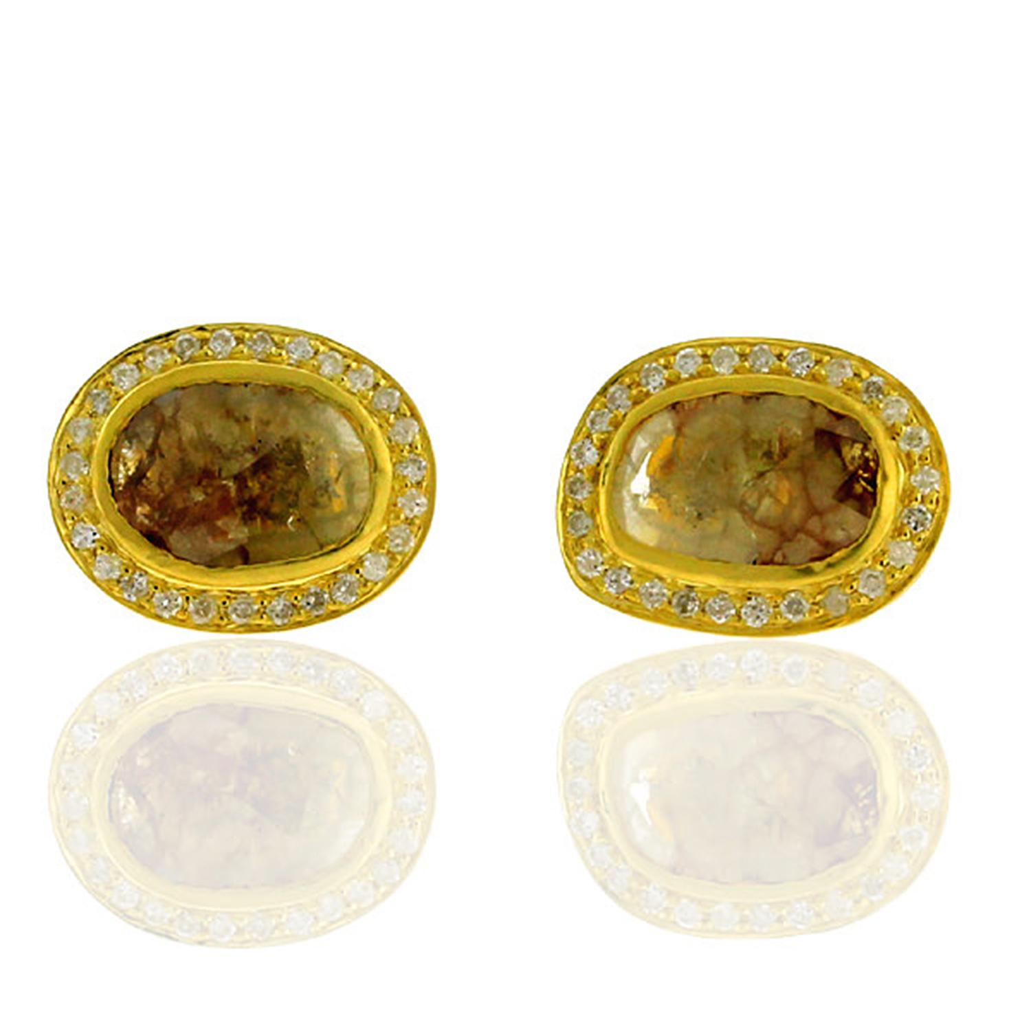 Uncut 18 Karat Gold Fancy Slice Diamond Stud Earrings For Sale
