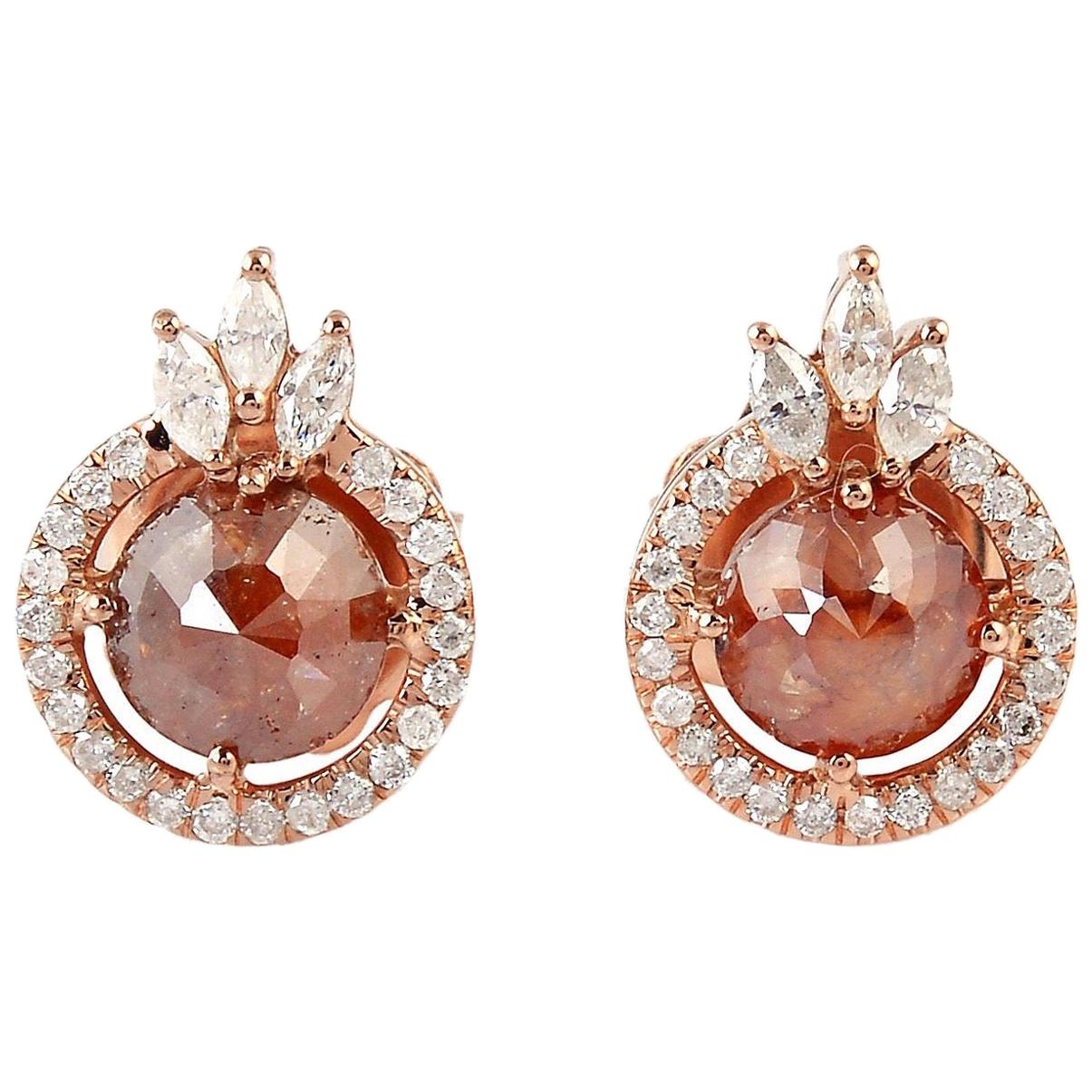 18 Karat Gold Fancy Slice Diamond Stud Earrings For Sale