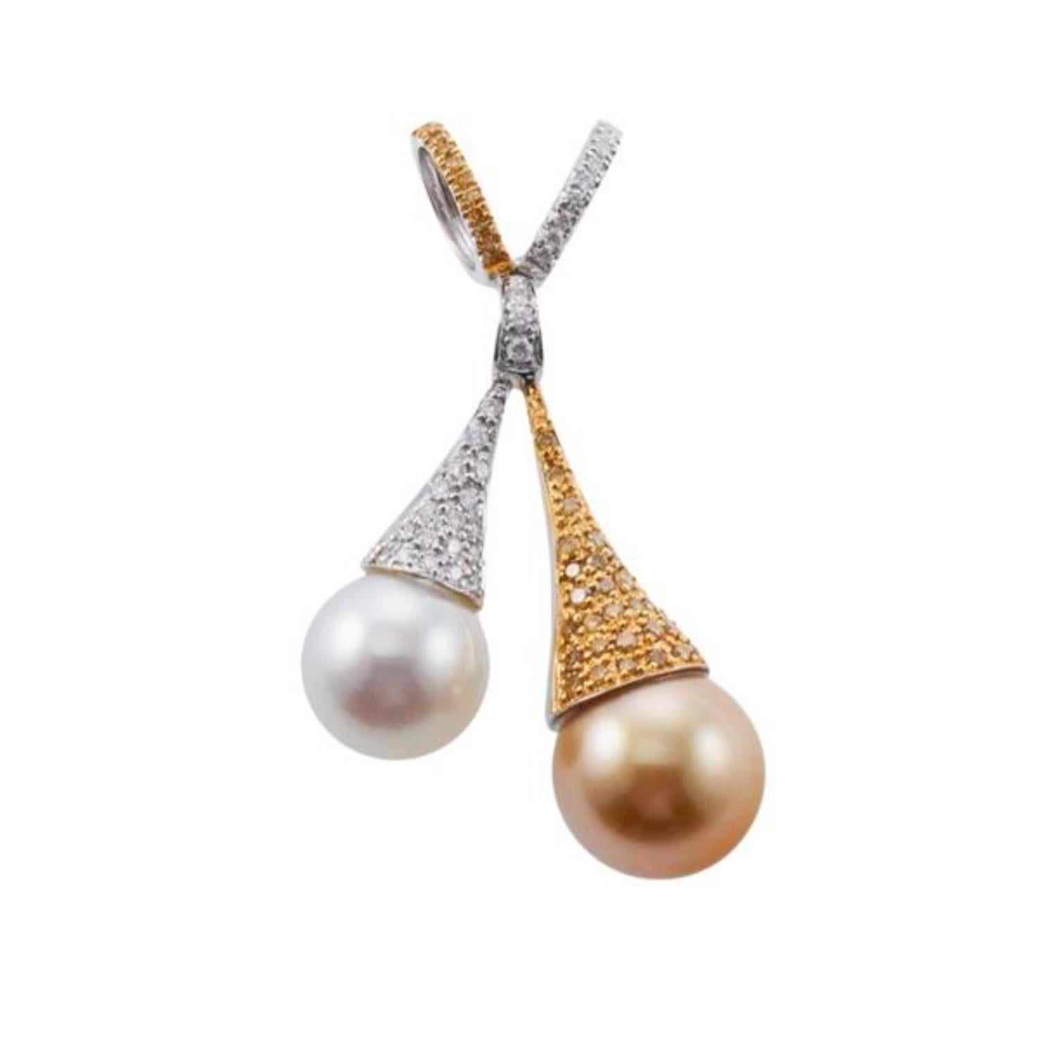 18 Karat Gold Fancy White Yellow Diamond 0.60 Carat White Golden Pearls Pendant  For Sale 6