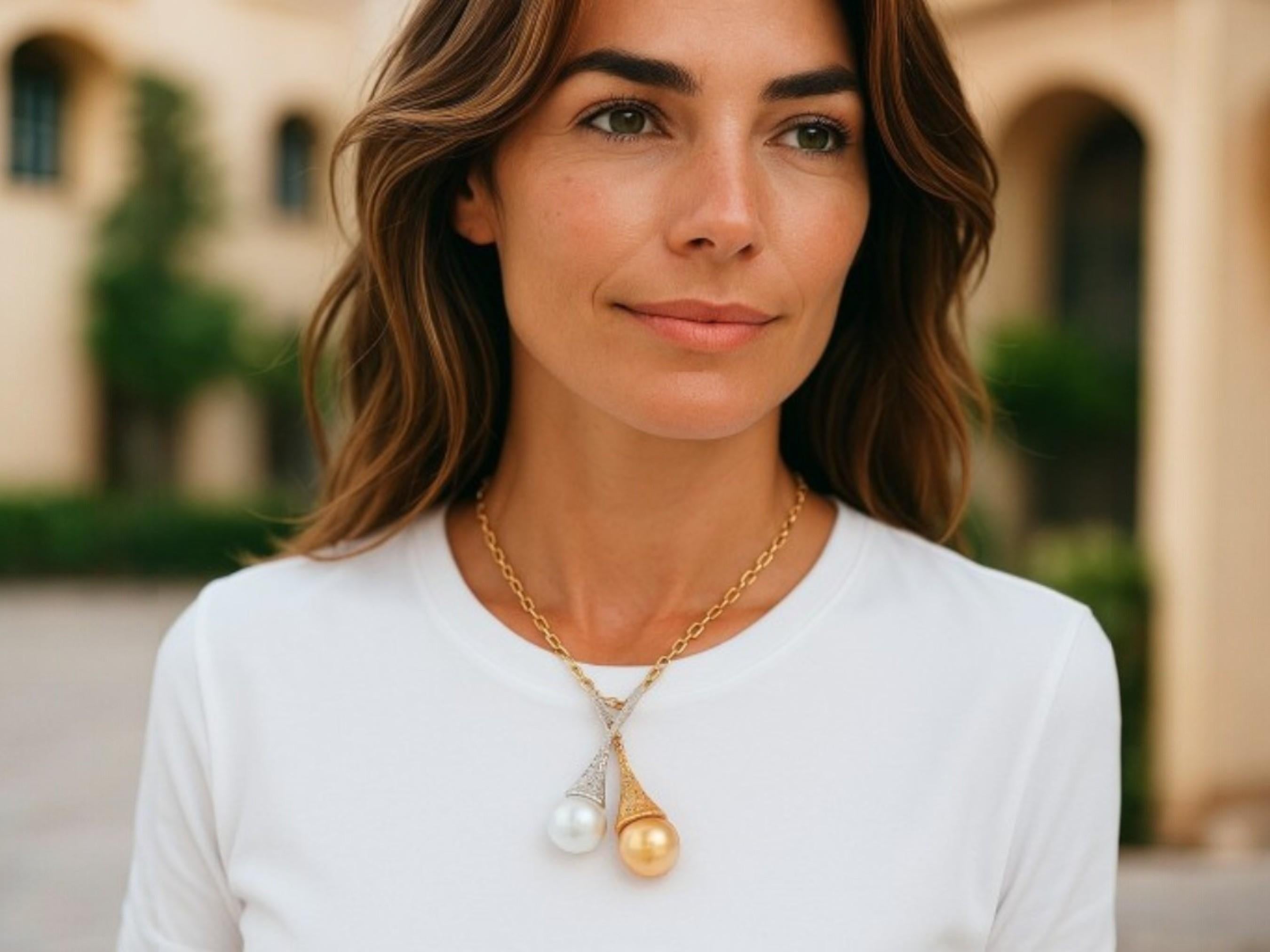18 Karat Gold Fancy White Yellow Diamond 0.60 Carat White Golden Pearls Pendant For Sale 6