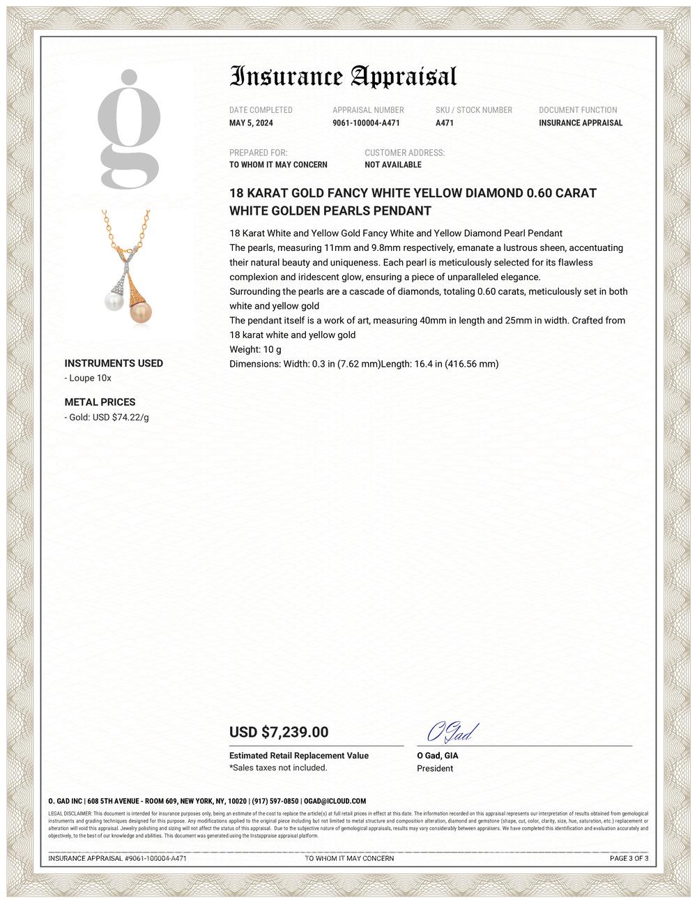 Contemporary 18 Karat Gold Fancy White Yellow Diamond 0.60 Carat White Golden Pearls Pendant For Sale