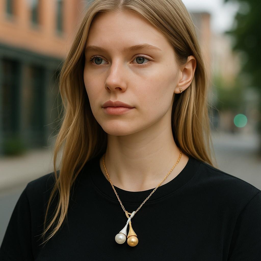 Round Cut 18 Karat Gold Fancy White Yellow Diamond 0.60 Carat White Golden Pearls Pendant For Sale