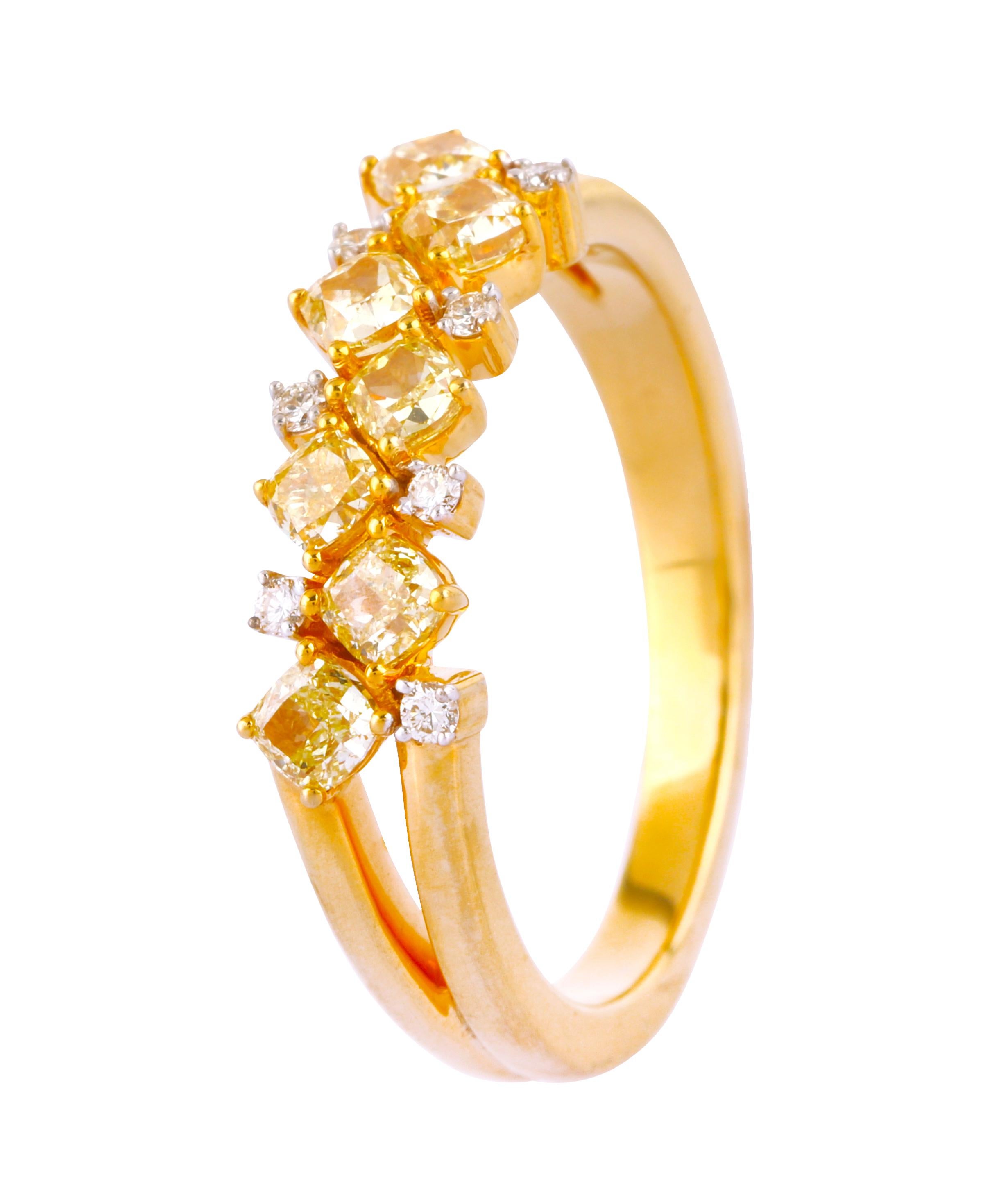 Cushion Cut 18 Karat Gold Fancy Yellow and White Diamond Eternity Band Ring For Sale