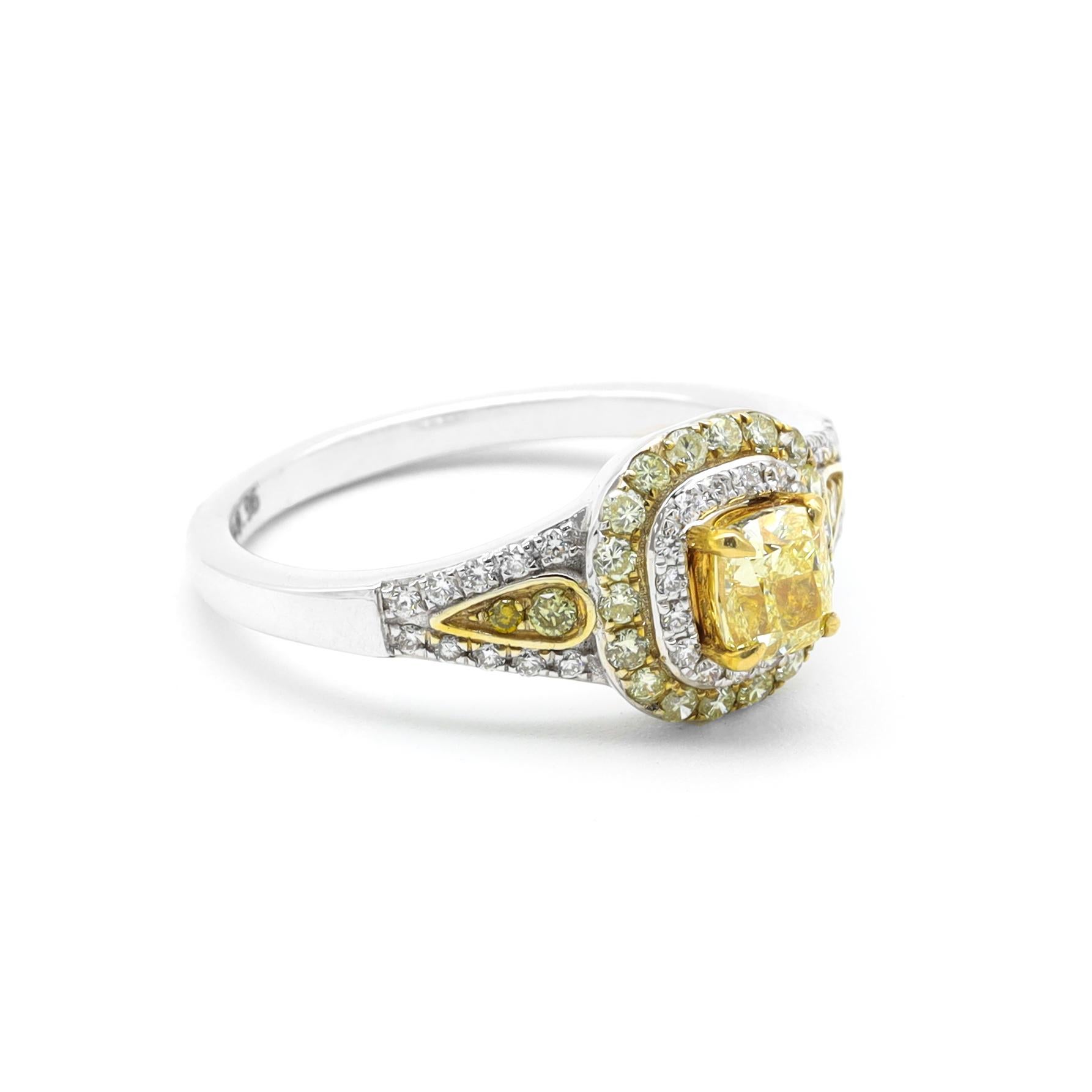 18 Karat Gold Fancy Yellow Diamond and White Diamond Double Cluster Ring

This impressive intense yellow diamond solitaire double cluster and the two-tone ring is exquisite. The cushion-cut yellow diamond center solitaire of 0.61 carat in yellow
