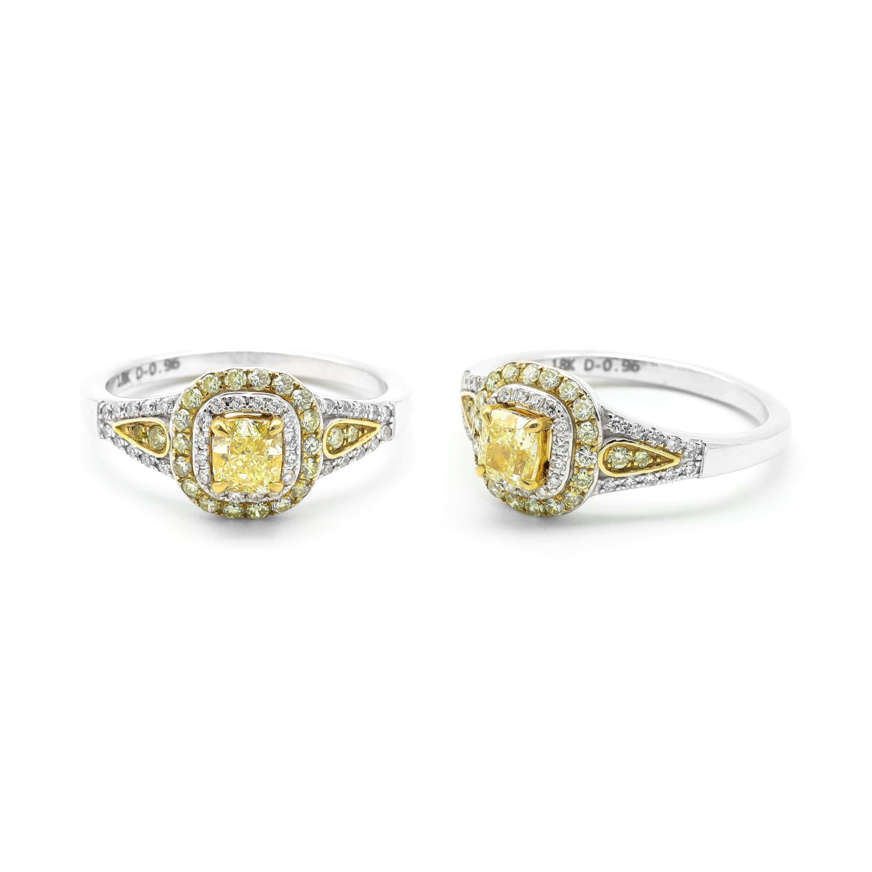 Cushion Cut 18 Karat Gold Fancy Yellow Diamond and White Diamond Double Cluster Ring For Sale