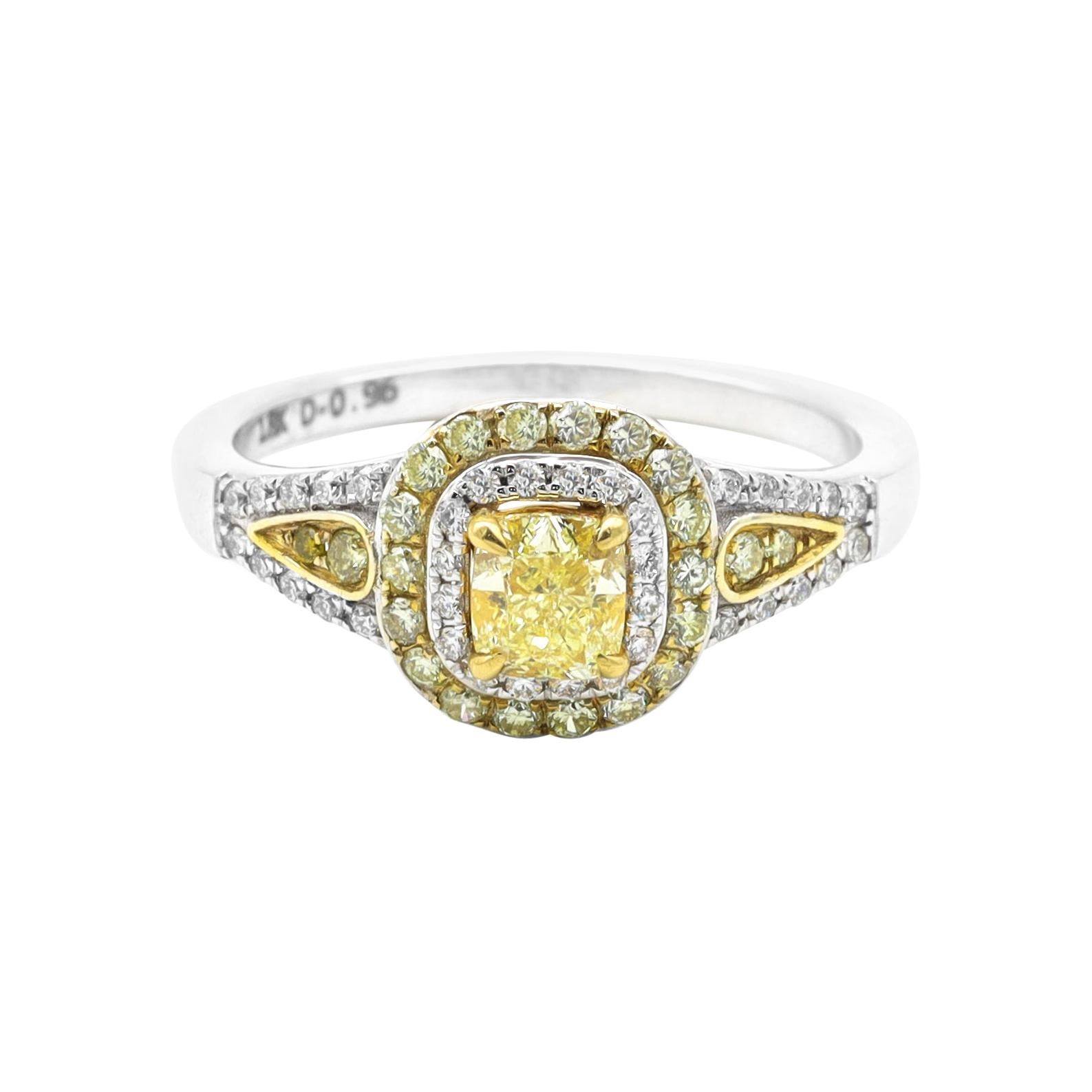 18 Karat Gold Fancy Yellow Diamond and White Diamond Double Cluster Ring For Sale