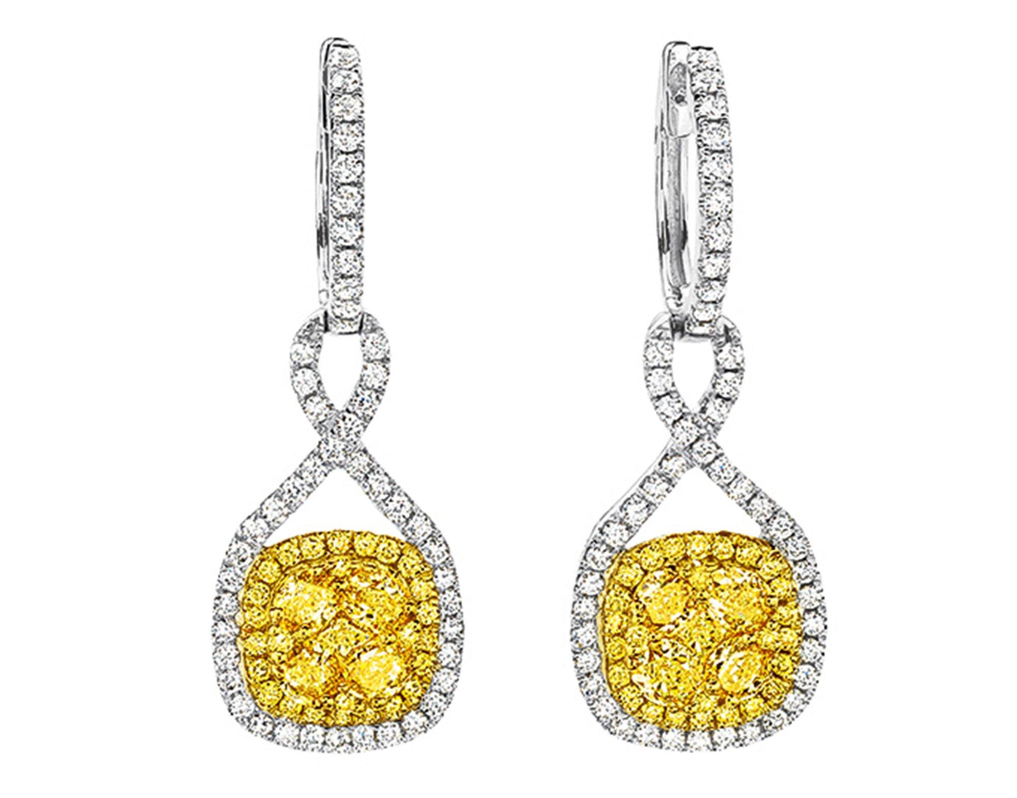 Fancy Yellow Diamond Pave Earrings. 1.32cttw of yellow diamonds and 0.57cttw of white diamonds set in 18k yellow and white gold in these lovely earrings. The total diamond weight is 1.89cttw