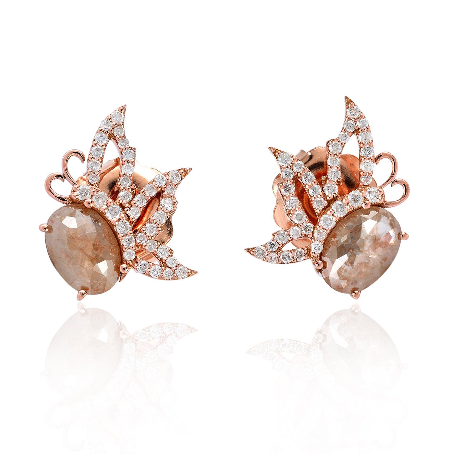Oval Cut 18 Karat Gold Fauna Fancy Diamond Stud Earrings For Sale
