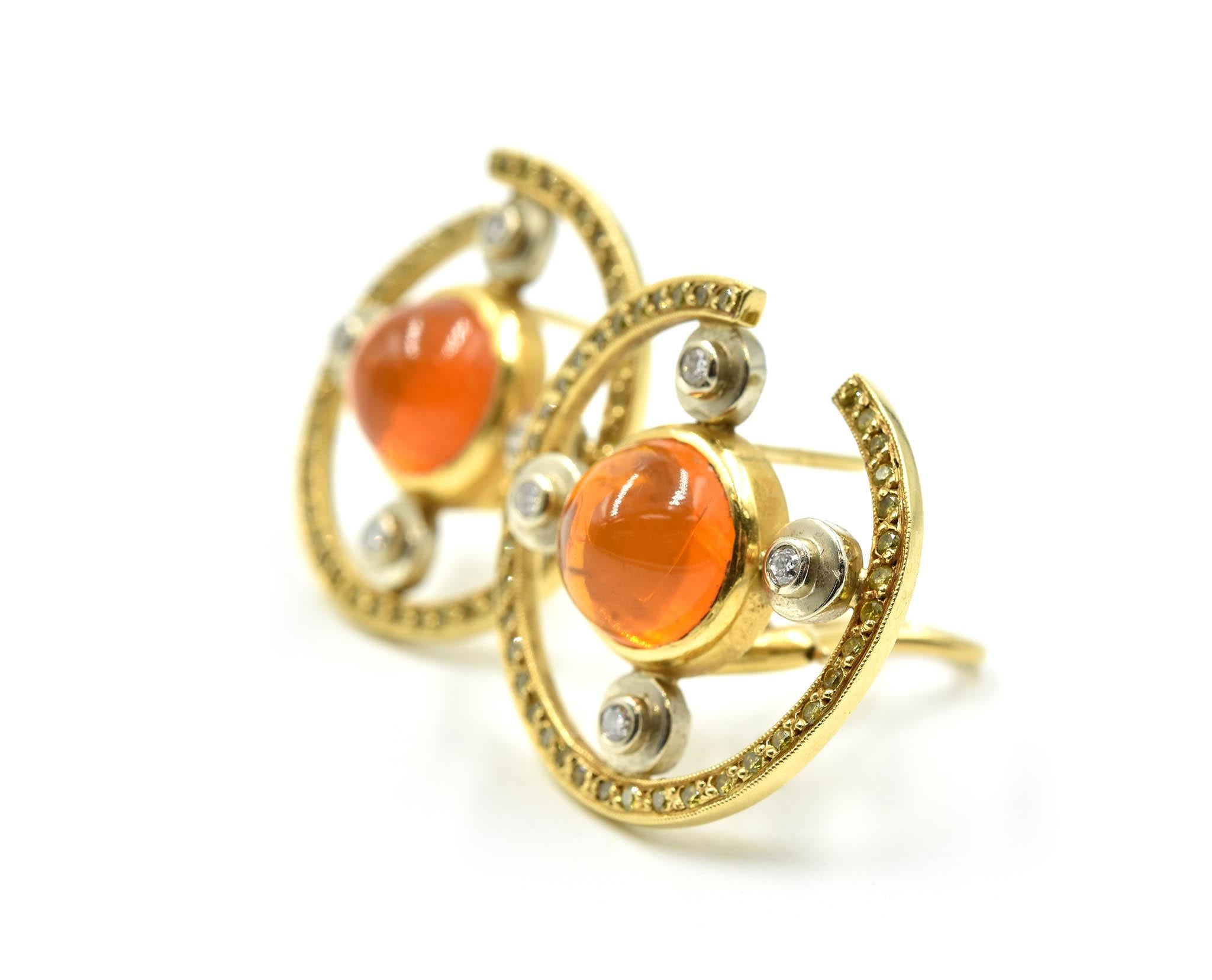Contemporary 18 Karat Gold, Fire Opal with 0.96 Carat Round White and Yellow Diamond, Earring