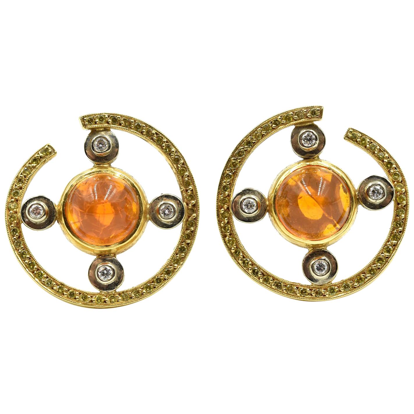 18 Karat Gold, Fire Opal with 0.96 Carat Round White and Yellow Diamond, Earring