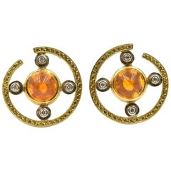 18 Karat Gold, Fire Opal with 0.96 Carat Round White and Yellow Diamond, Earring