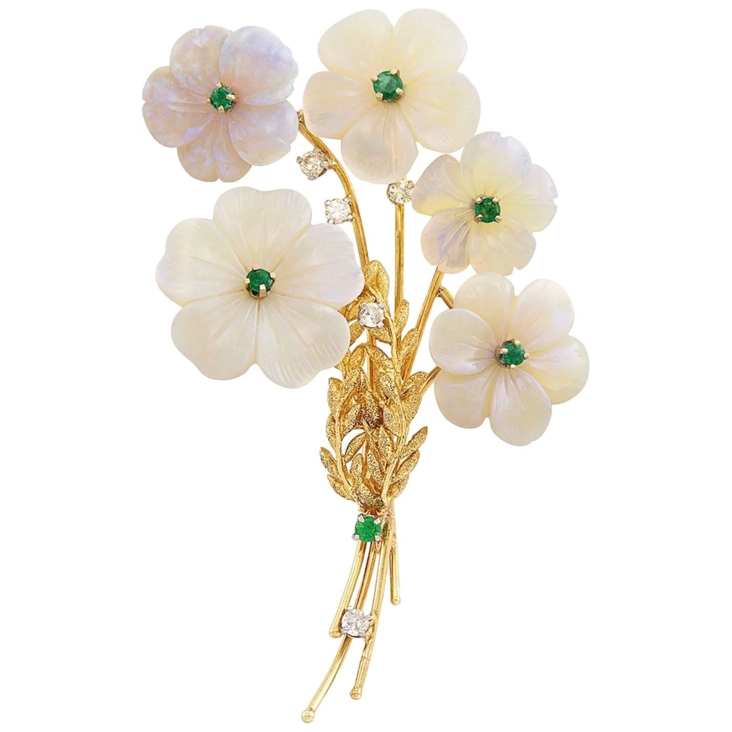 18 Karat Gold, Five Carved Opal, Emerald and Diamond Flower Brooch