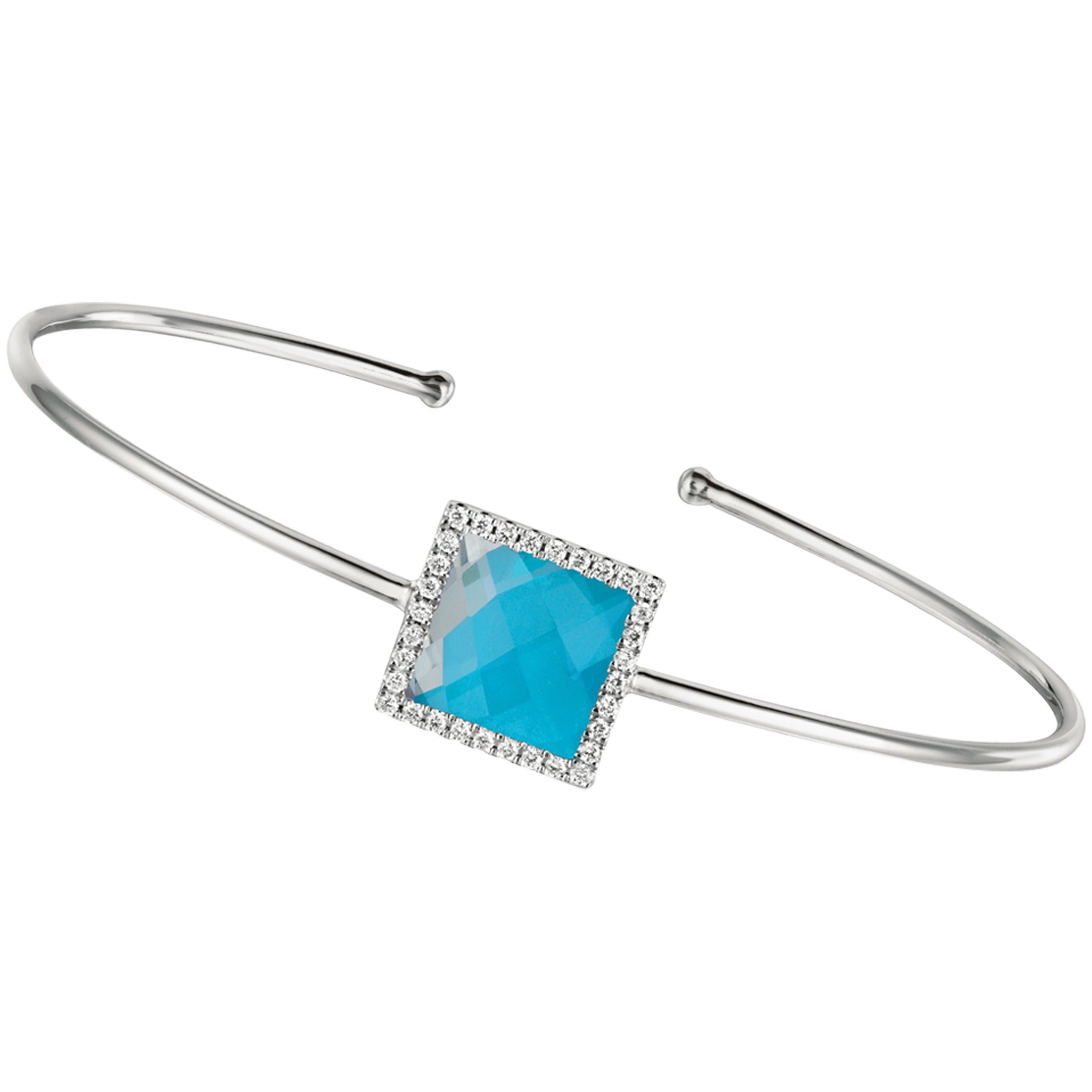 18 Karat Gold Flexible Bangle Bracelet with White Topaz, Turquoise and Diamonds For Sale