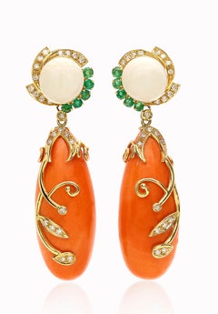 18 Karat Gold Floral Wheel Salmon Coral Ivory Emeralds and Diamonds Earrings