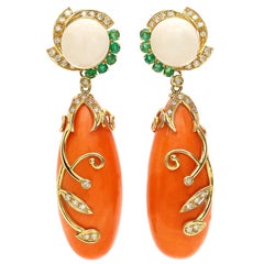 18 Karat Gold Floral Wheel Salmon Coral Ivory Emeralds and Diamonds Earrings