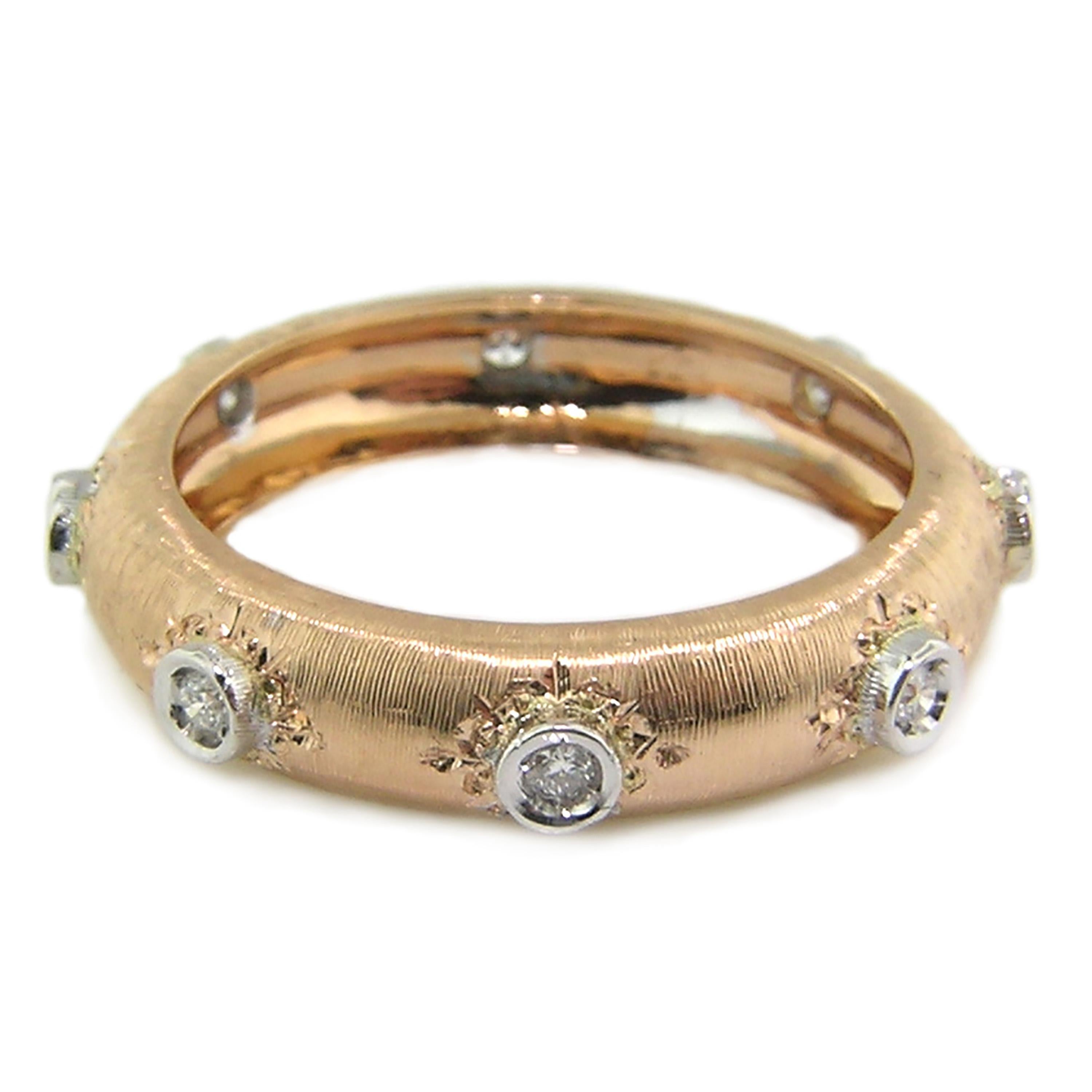 18 Karat Gold Florentine Engraved Diamond Eternity Band in Rose, Made in Italy In New Condition In Logan, UT