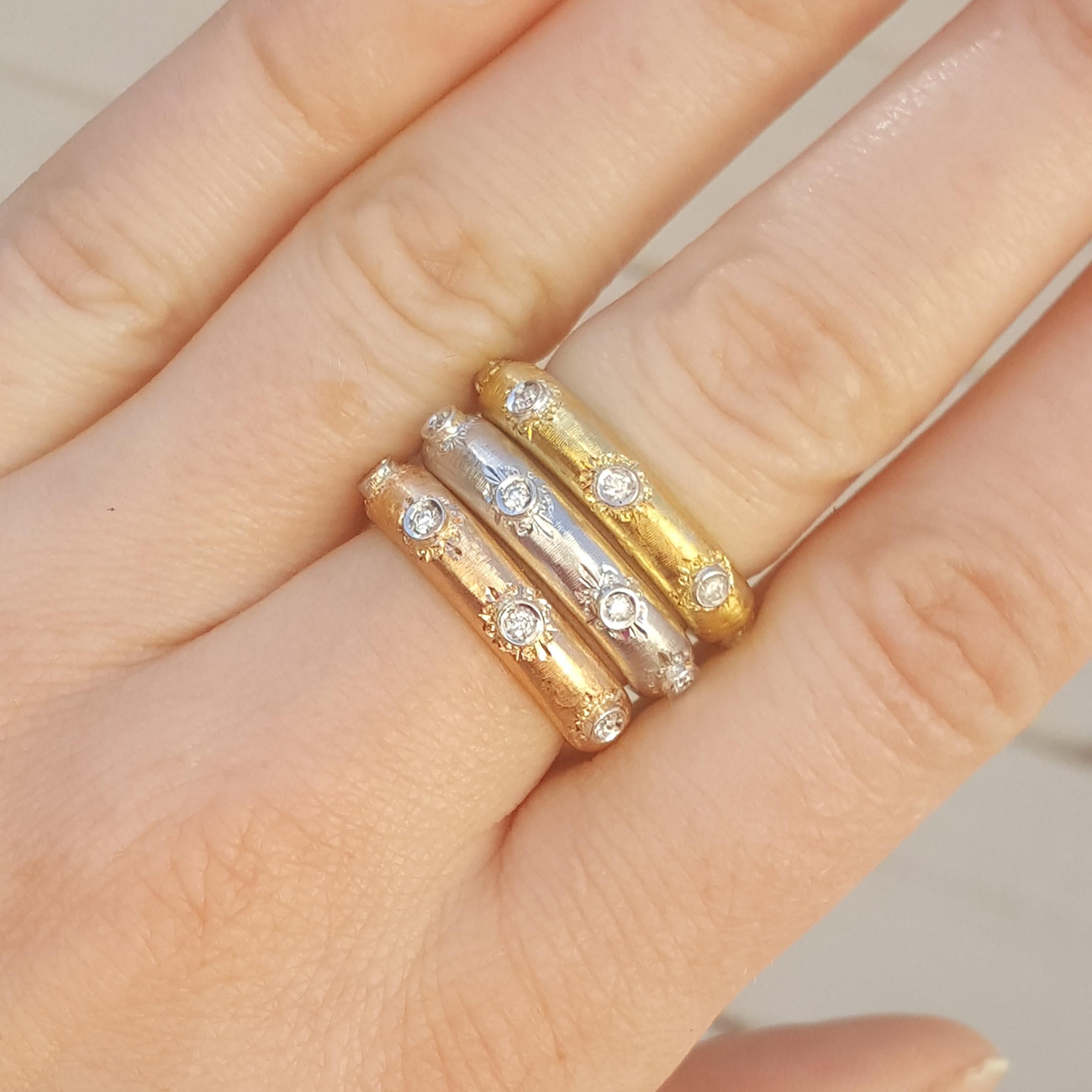 Round Cut 18 Karat Gold Florentine Engraved Diamond Eternity Band in White, Made in Italy