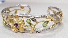 18 Karat Gold Flower and Vine on Silver "Bark" Cuff with Diamonds, Tourmaline