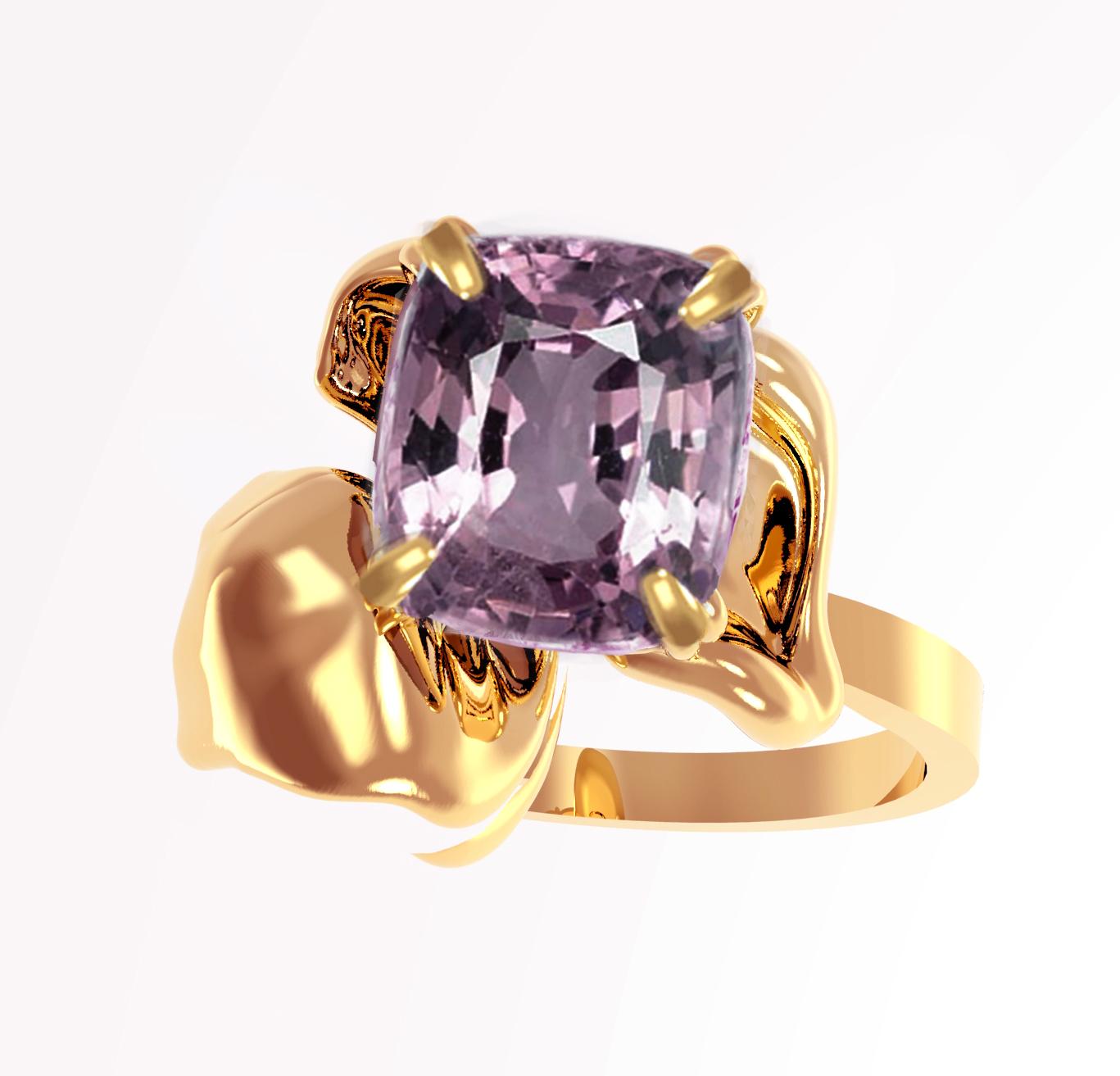 Eighteen Karat Gold Flower Contemporary Ring with Purple Cushion Spinel For Sale 7