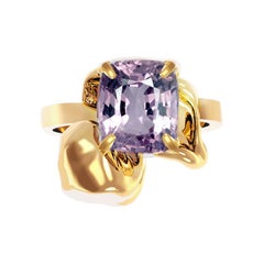 Eighteen Karat Gold Flower Contemporary Ring with Purple Cushion Spinel