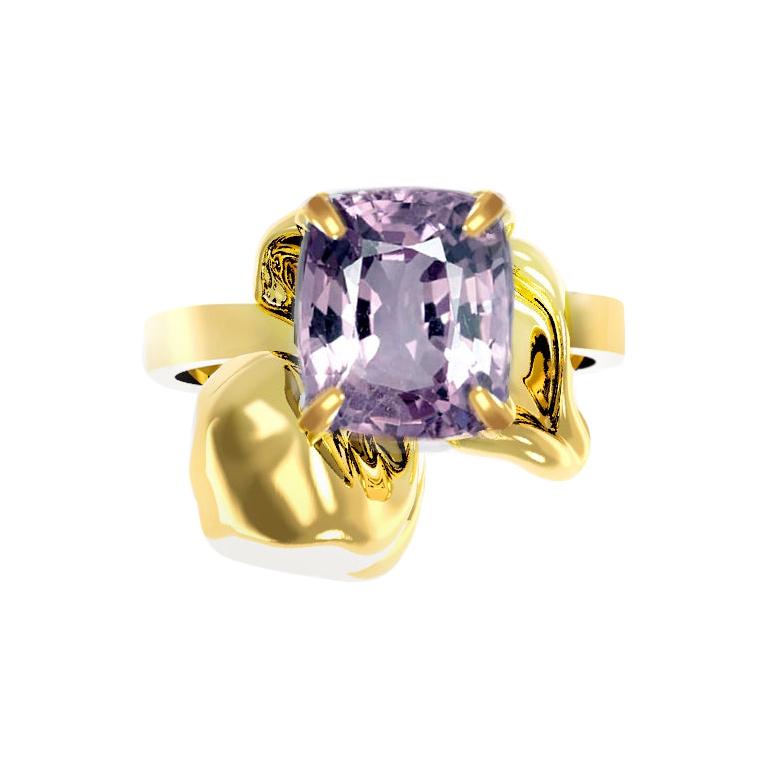 Eighteen Karat Gold Flower Contemporary Ring with Purple Cushion Spinel For Sale