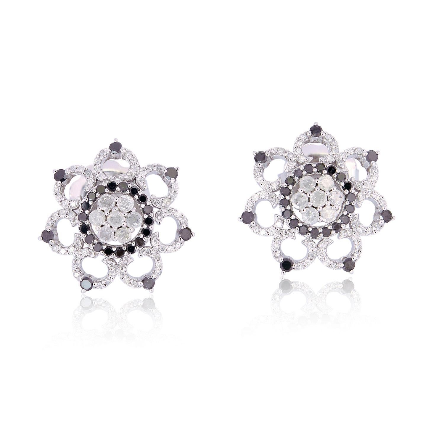 Single Cut 18 Karat Gold Flower Diamond Stud Earrings For Sale